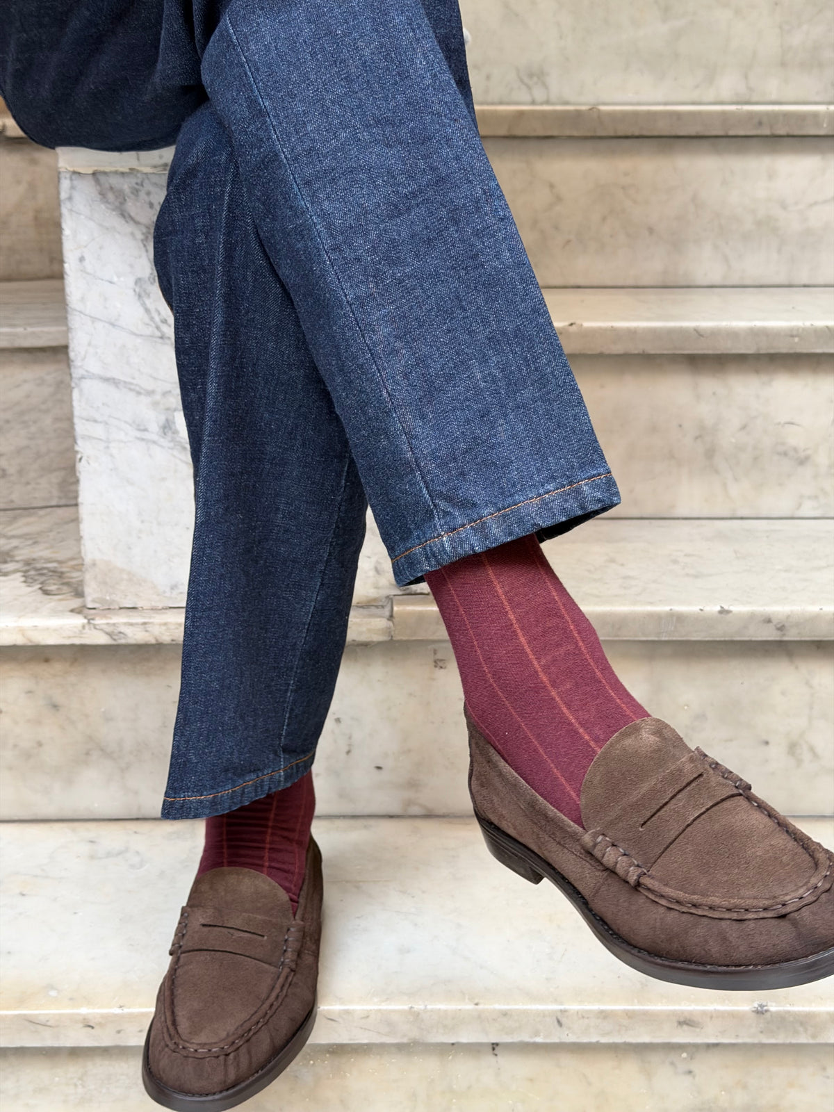 Calza Cashmere e cotone a riga larga Bordeaux