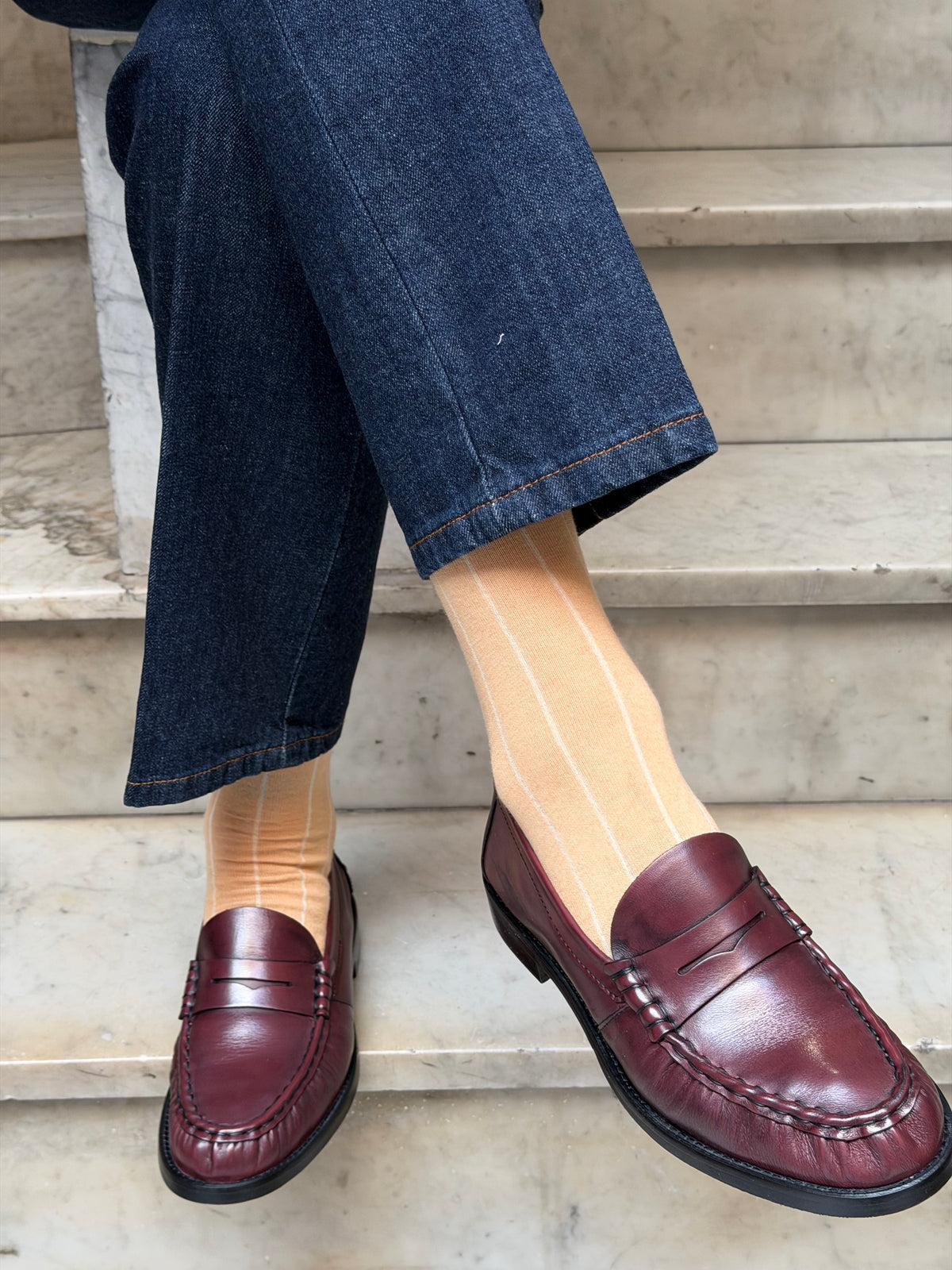 Calza Cashmere e cotone a riga larga Beige