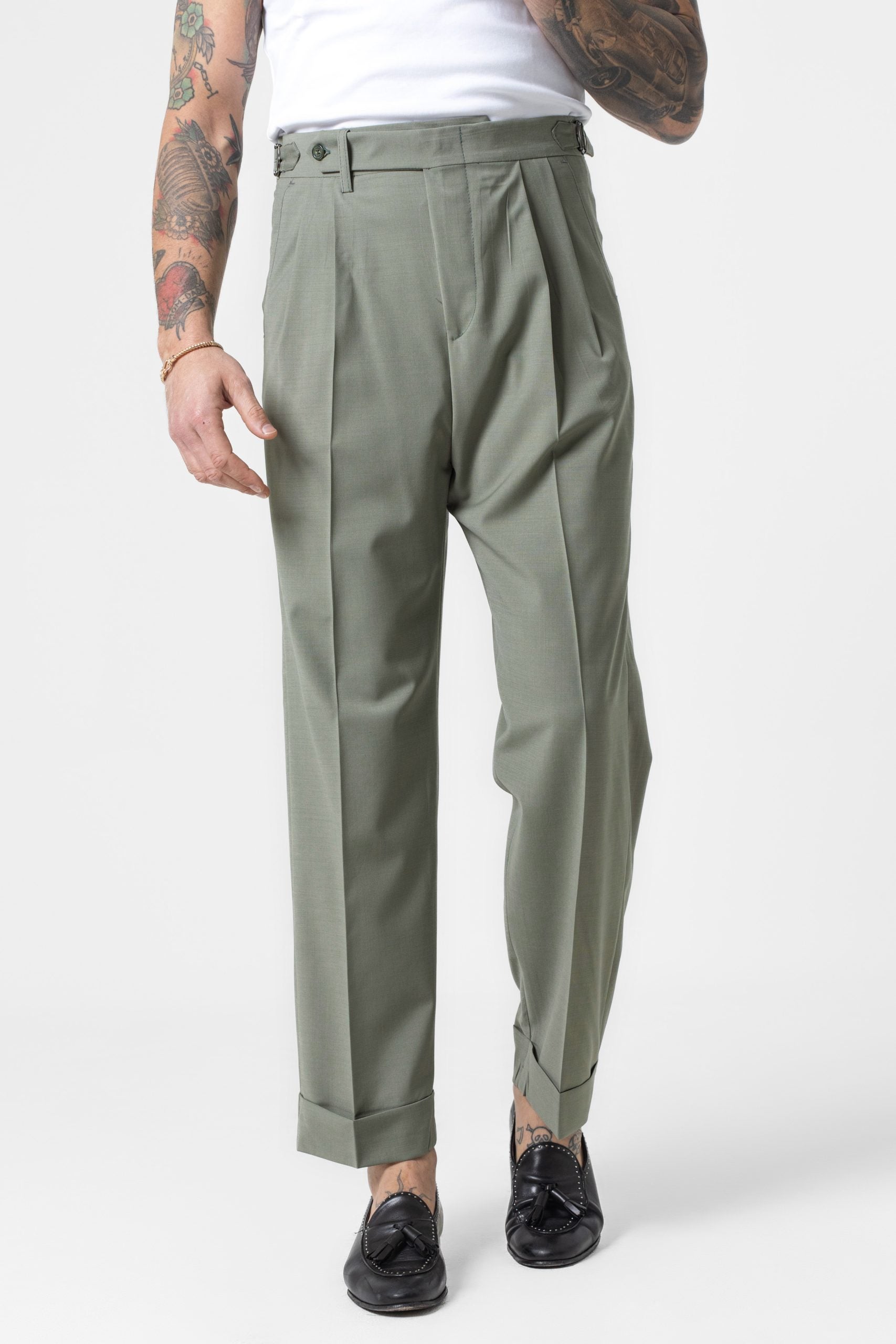 Pantalones de corte ancho color verde oliva con hebillas laterales Ischia