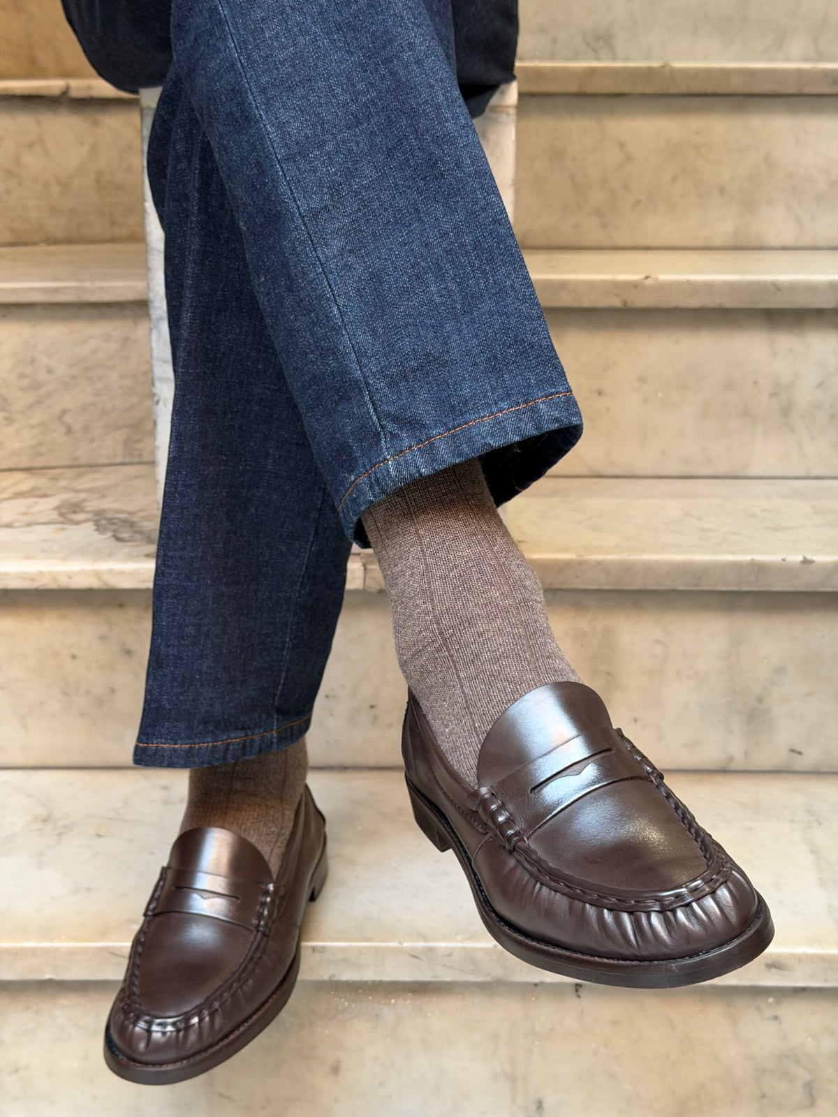 Calza in lana e cashmere a costa larga Moro