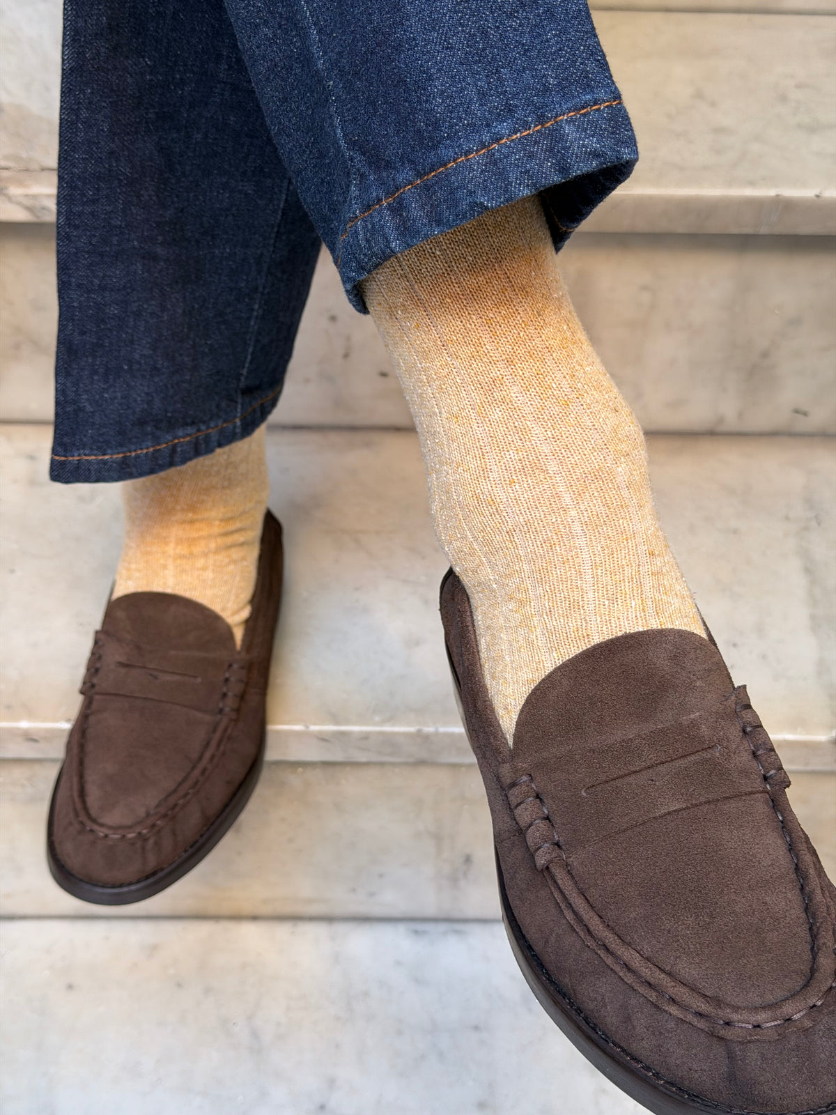 Calza in lana e seta effetto melange a coste Beige
