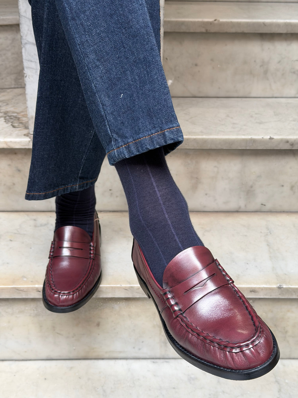 Calza Cashmere e cotone a riga larga Blu