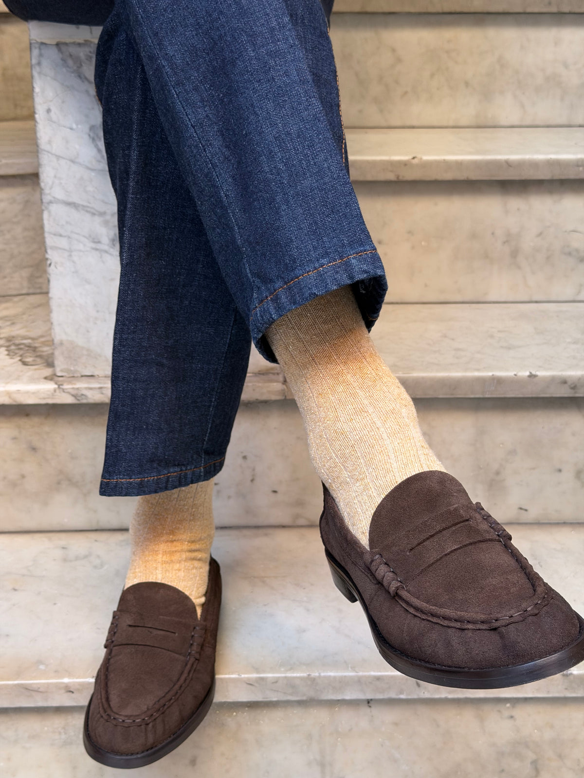Calza in lana e seta effetto melange a coste Beige