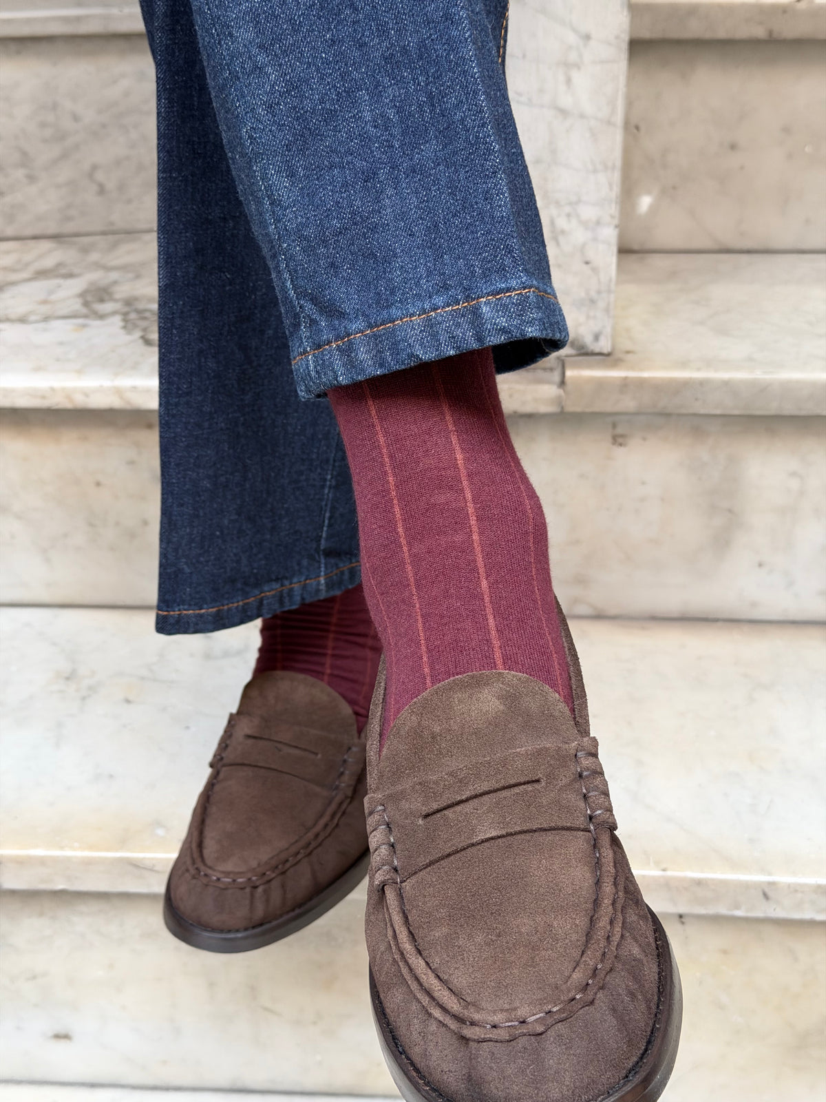 Calza Cashmere e cotone a riga larga Bordeaux
