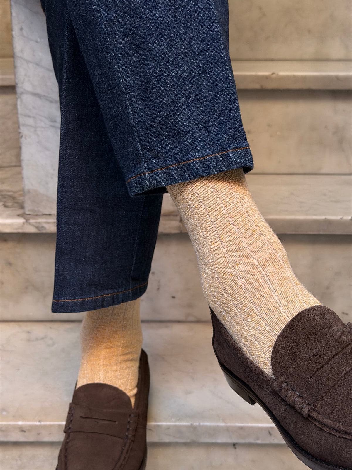 Calza in lana e seta effetto melange a coste Beige