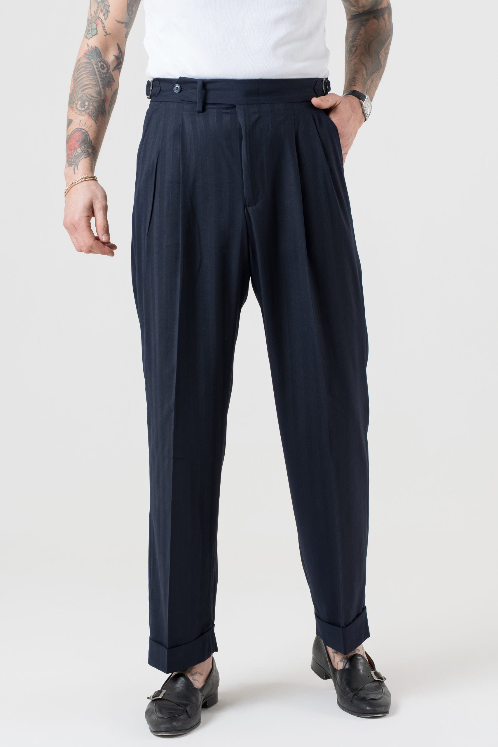 Pantalone Fondo Ampio e Fibbie Laterali Solaro Riga Larga Blu Kyoto