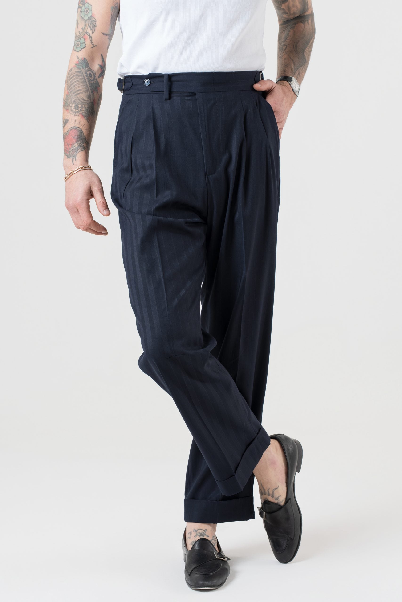 Pantalone Fondo Ampio e Fibbie Laterali Solaro Riga Larga Blu Kyoto