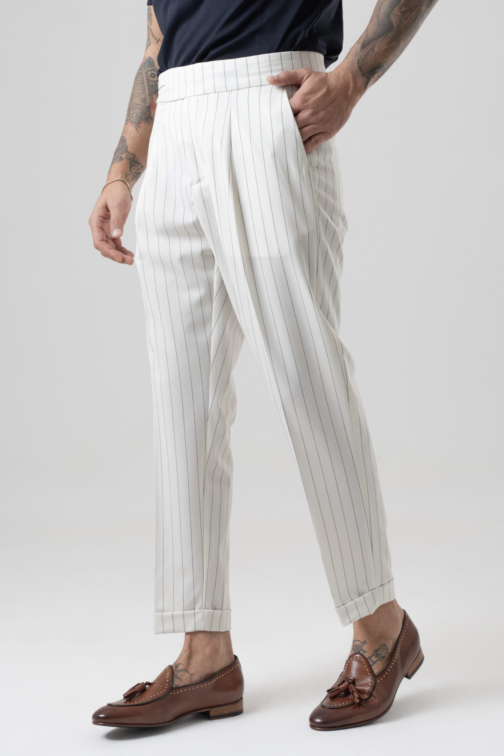 Pantalone Biforcato Panna Riga Blu Riviera