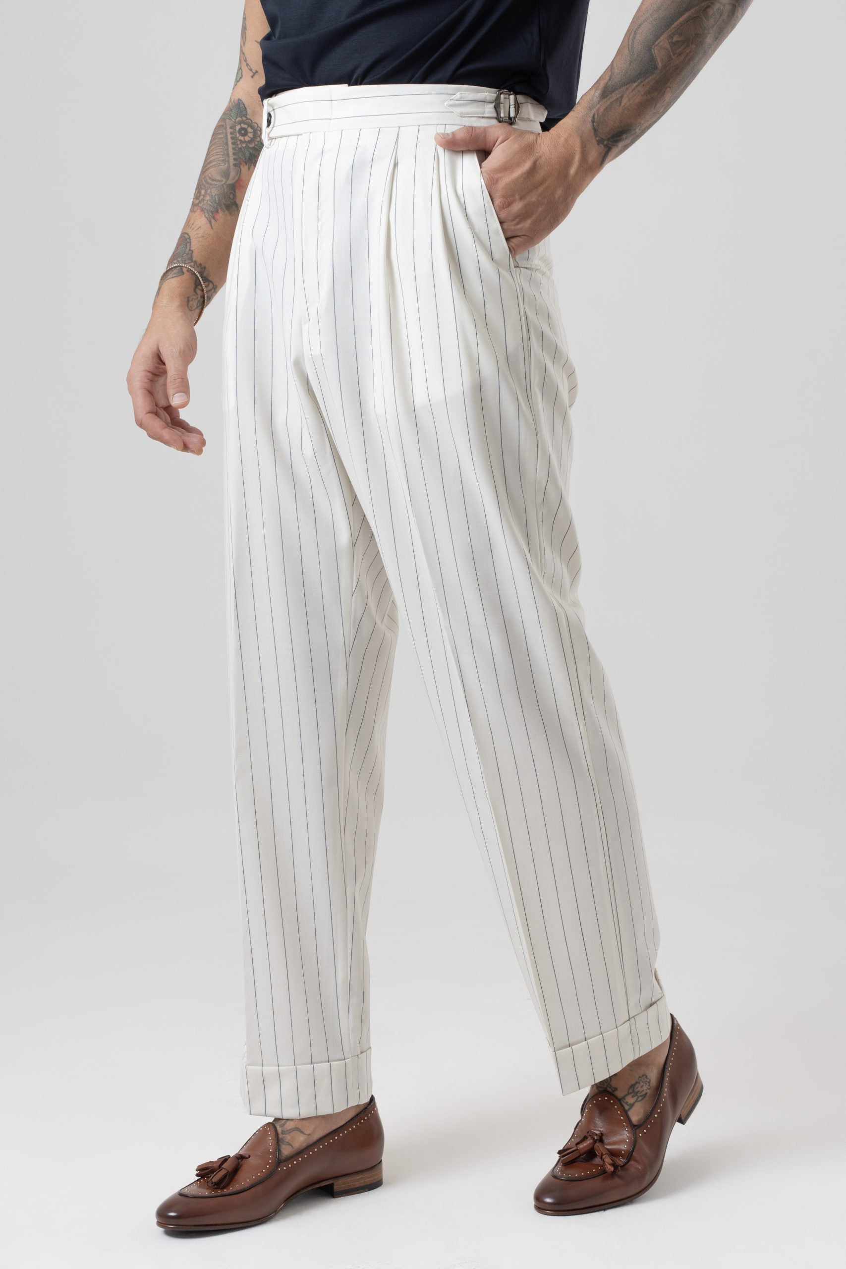 Pantalone Fondo Ampio e Fibbie Laterali Panna Riga Blu Riviera