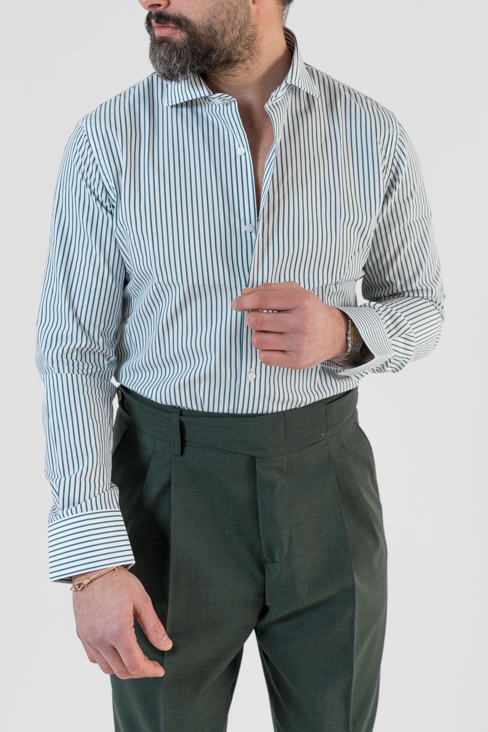 Camicia Collo Francese Riga Verde Scuro