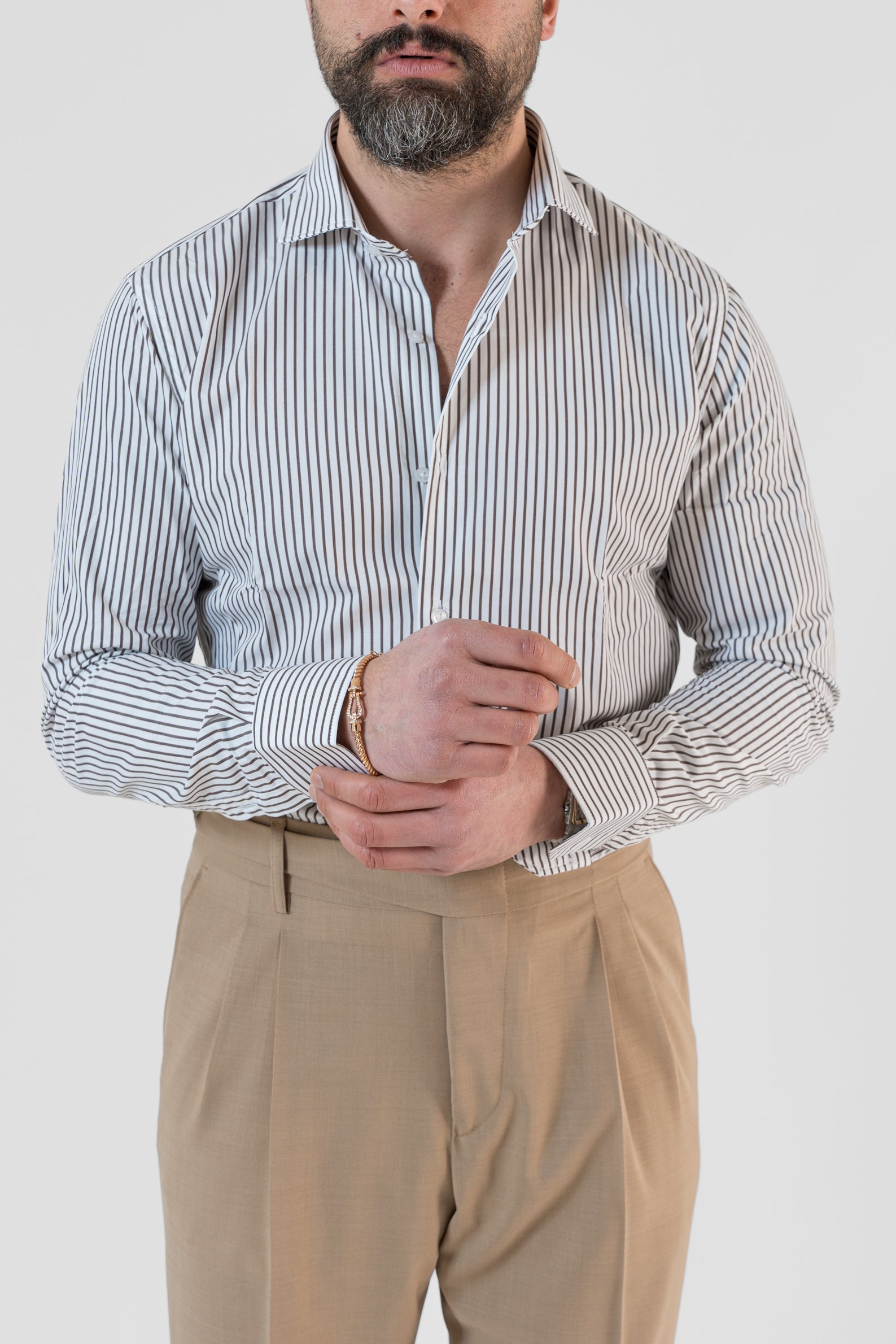 Dark Brown Striped French Collar Shirt