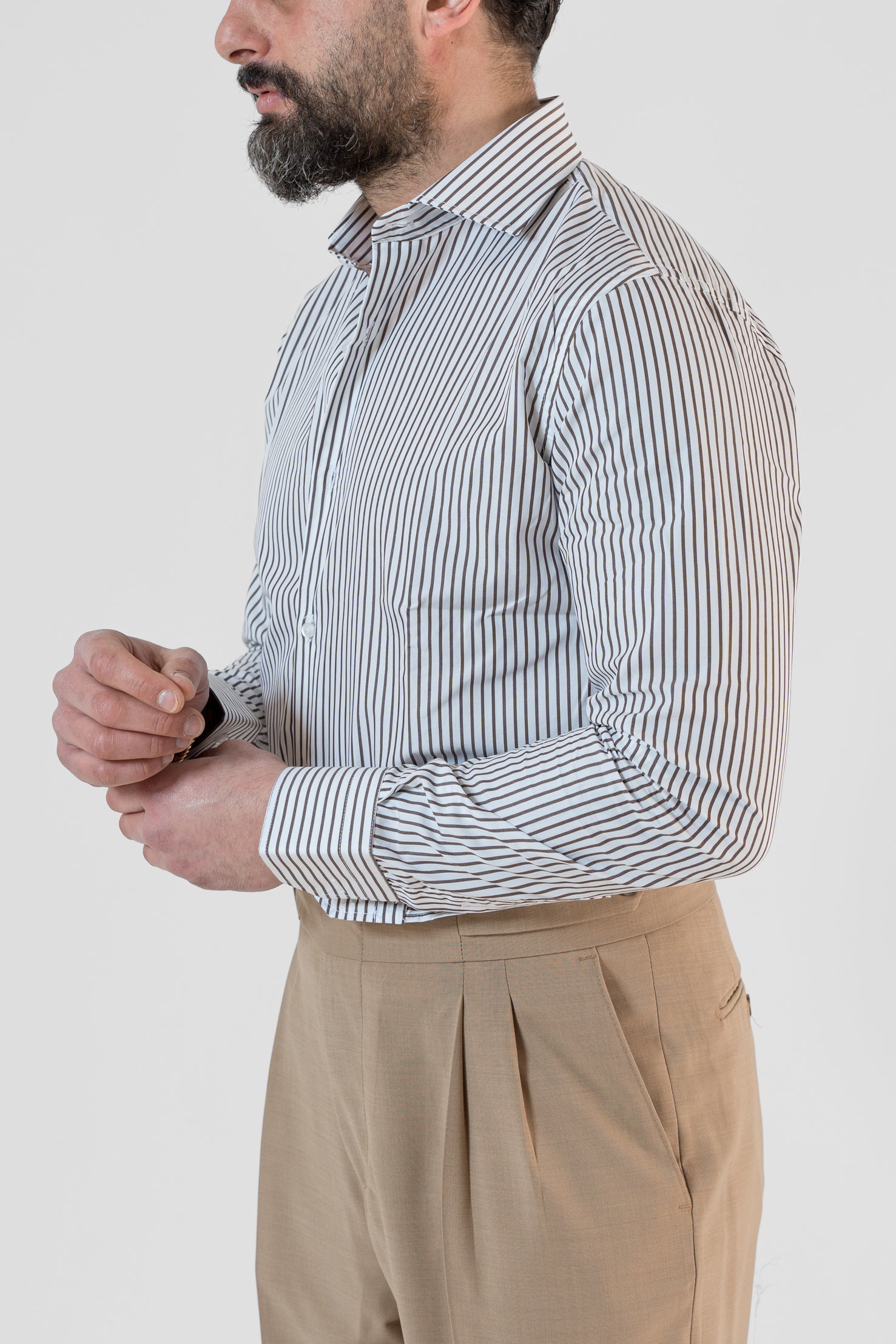 Dark Brown Striped French Collar Shirt