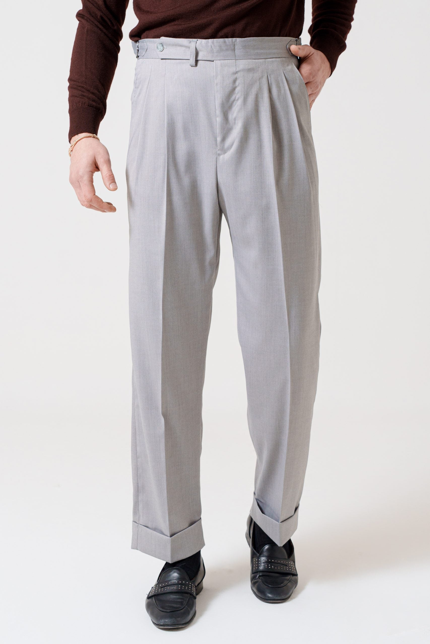 Pantalone Fondo Ampio e Fibbie Laterali Grigio Solaro New York