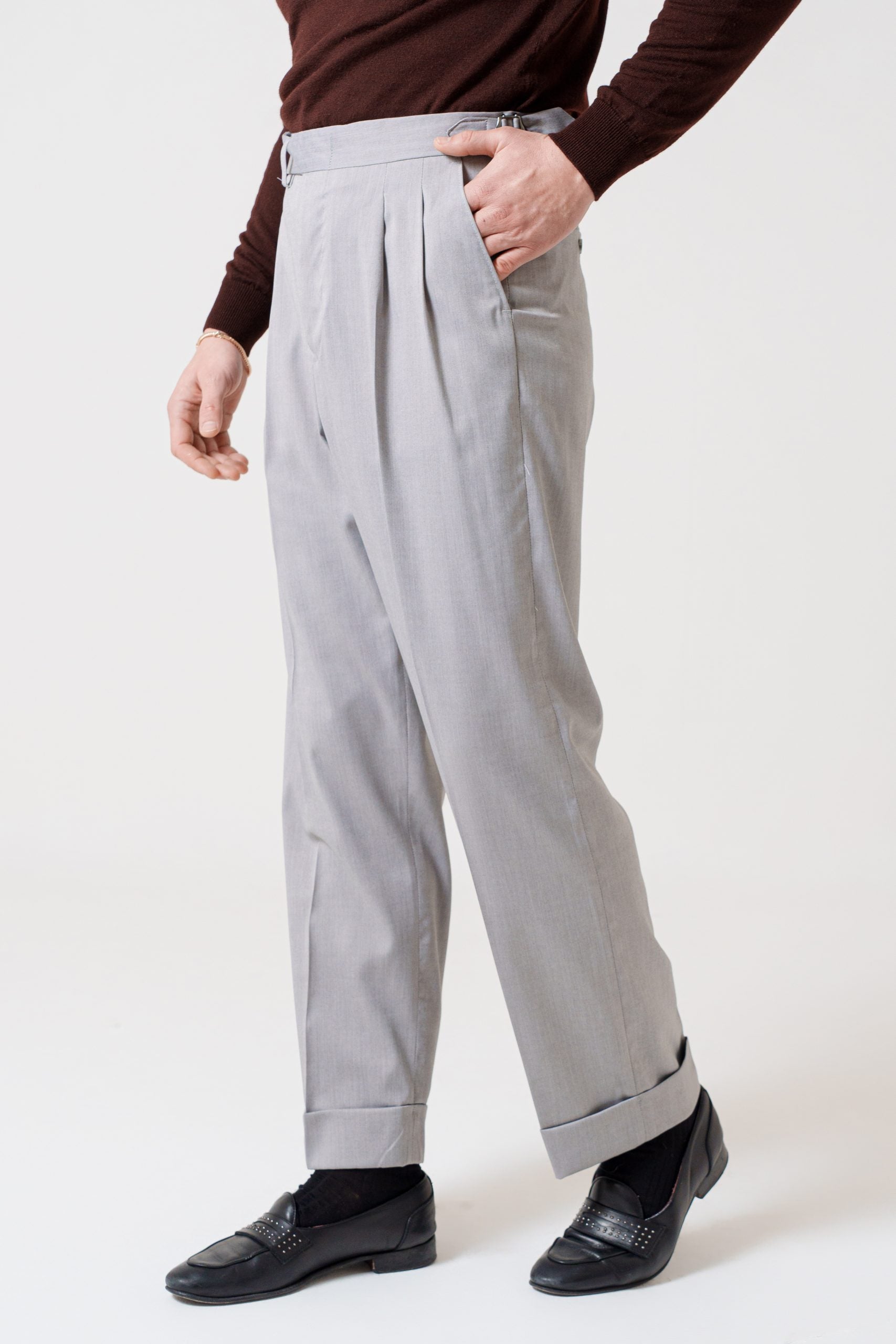 Pantalone Fondo Ampio e Fibbie Laterali Grigio Solaro New York