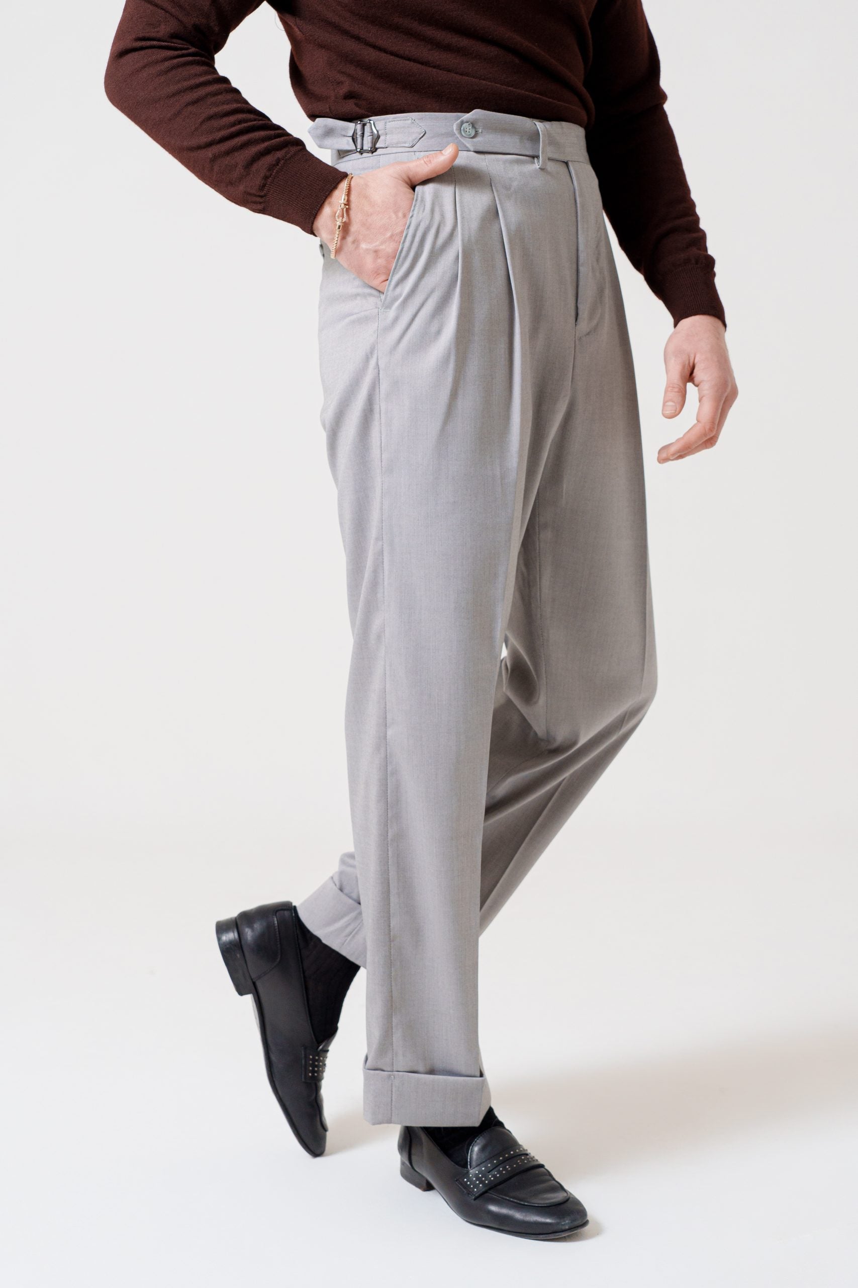 Pantalone Fondo Ampio e Fibbie Laterali Grigio Solaro New York