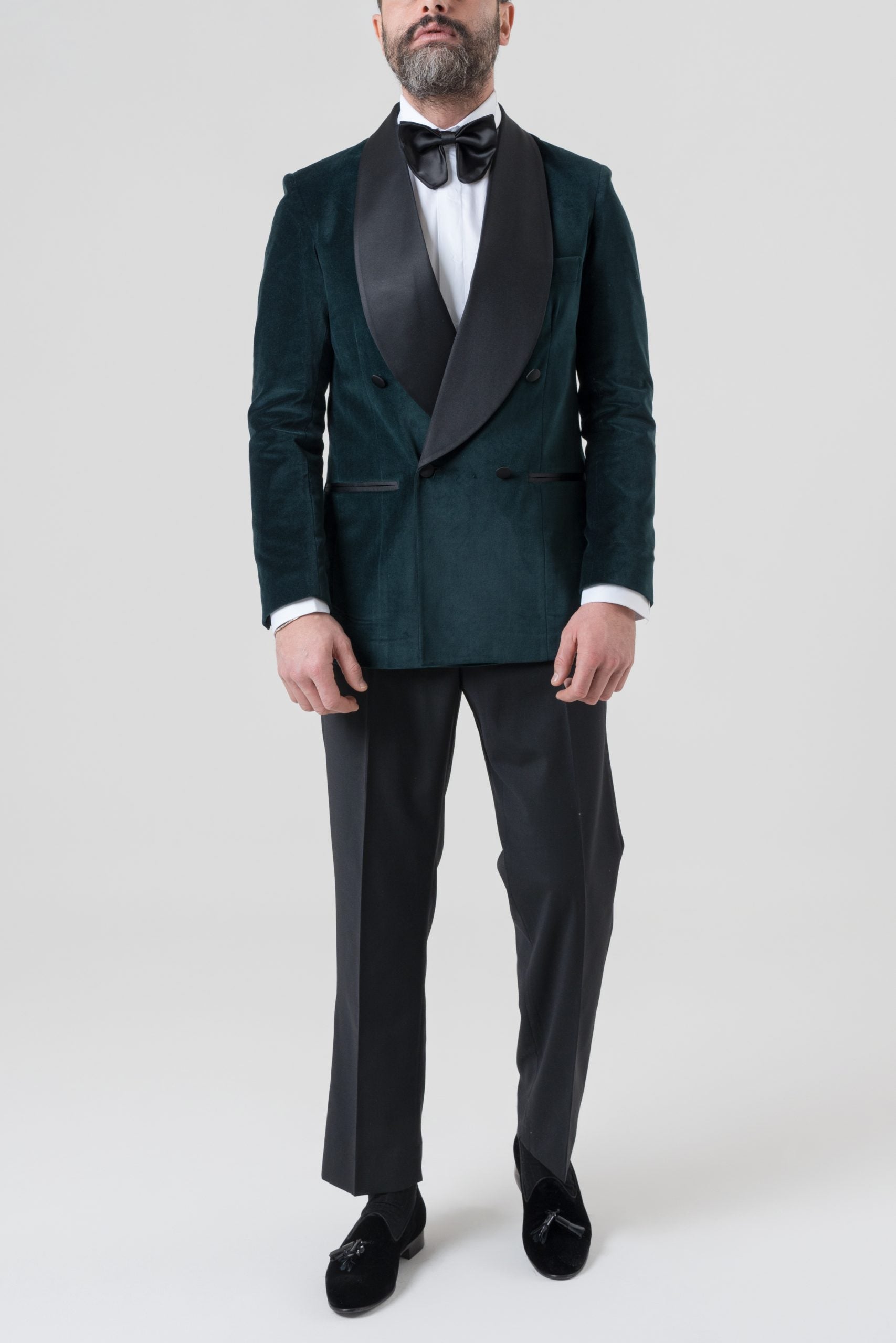 Giacca Smoking Doppiopetto con Rever a Scialle in Velluto Verde