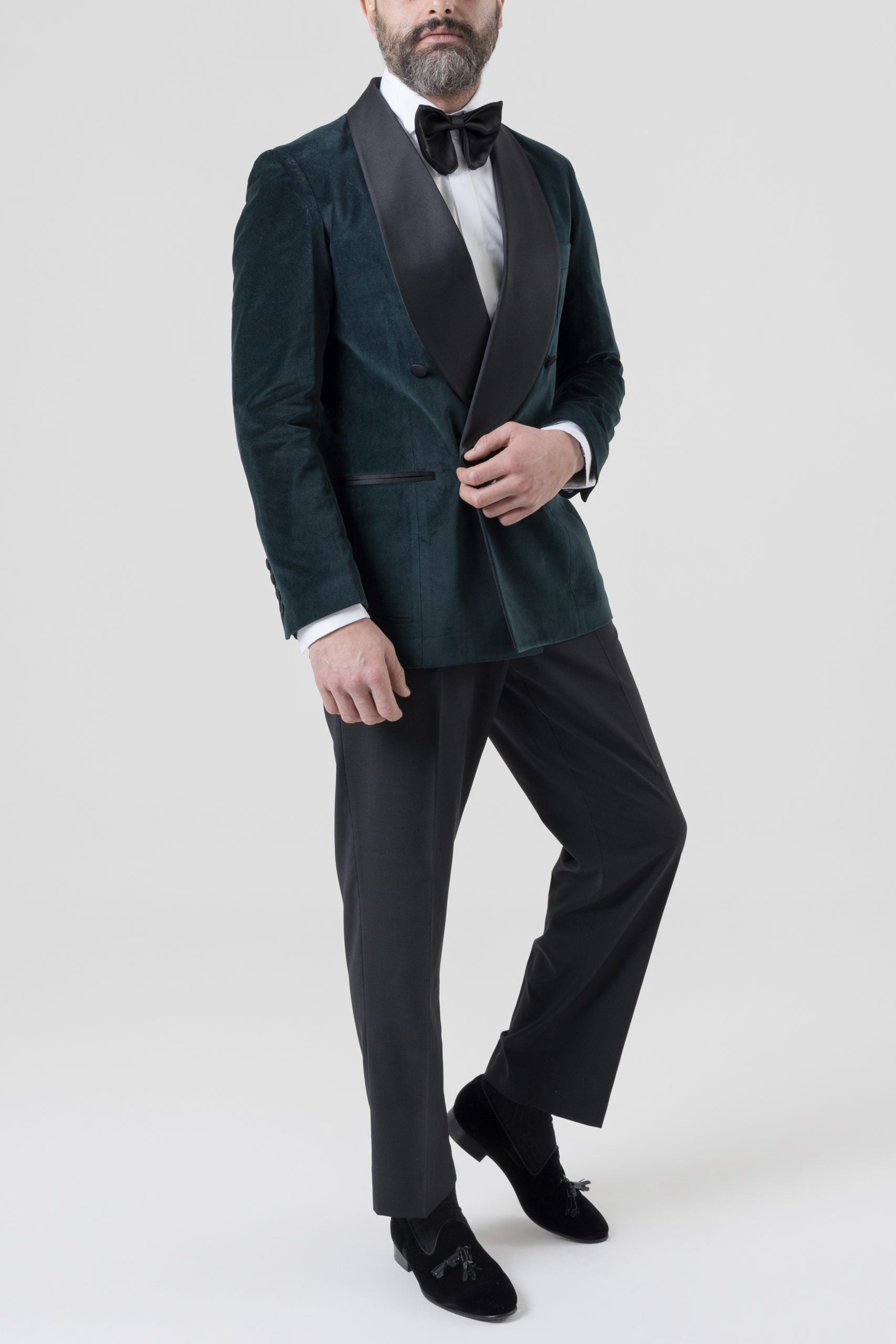 Giacca Smoking Doppiopetto con Rever a Scialle in Velluto Verde