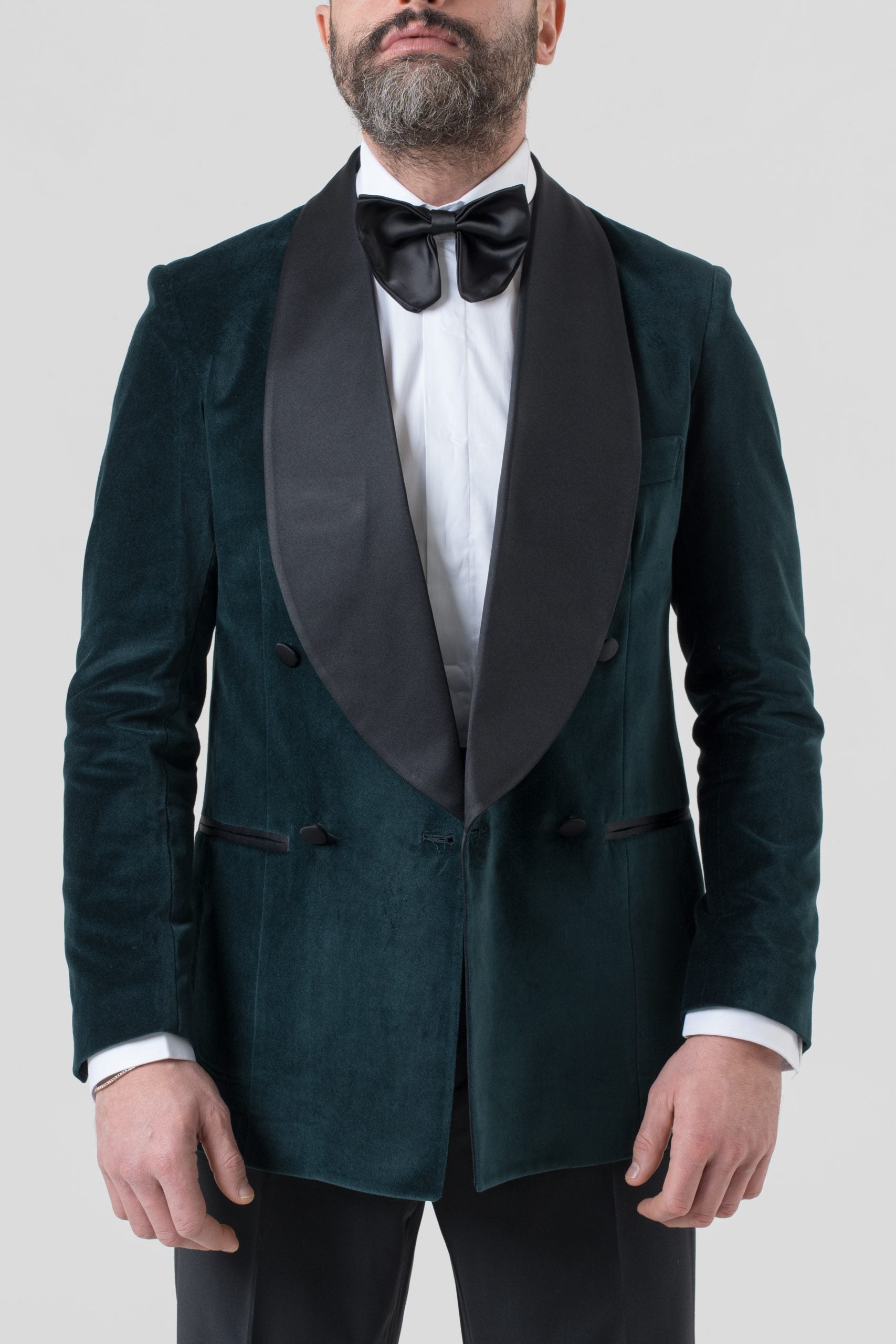 Giacca Smoking Doppiopetto con Rever a Scialle in Velluto Verde
