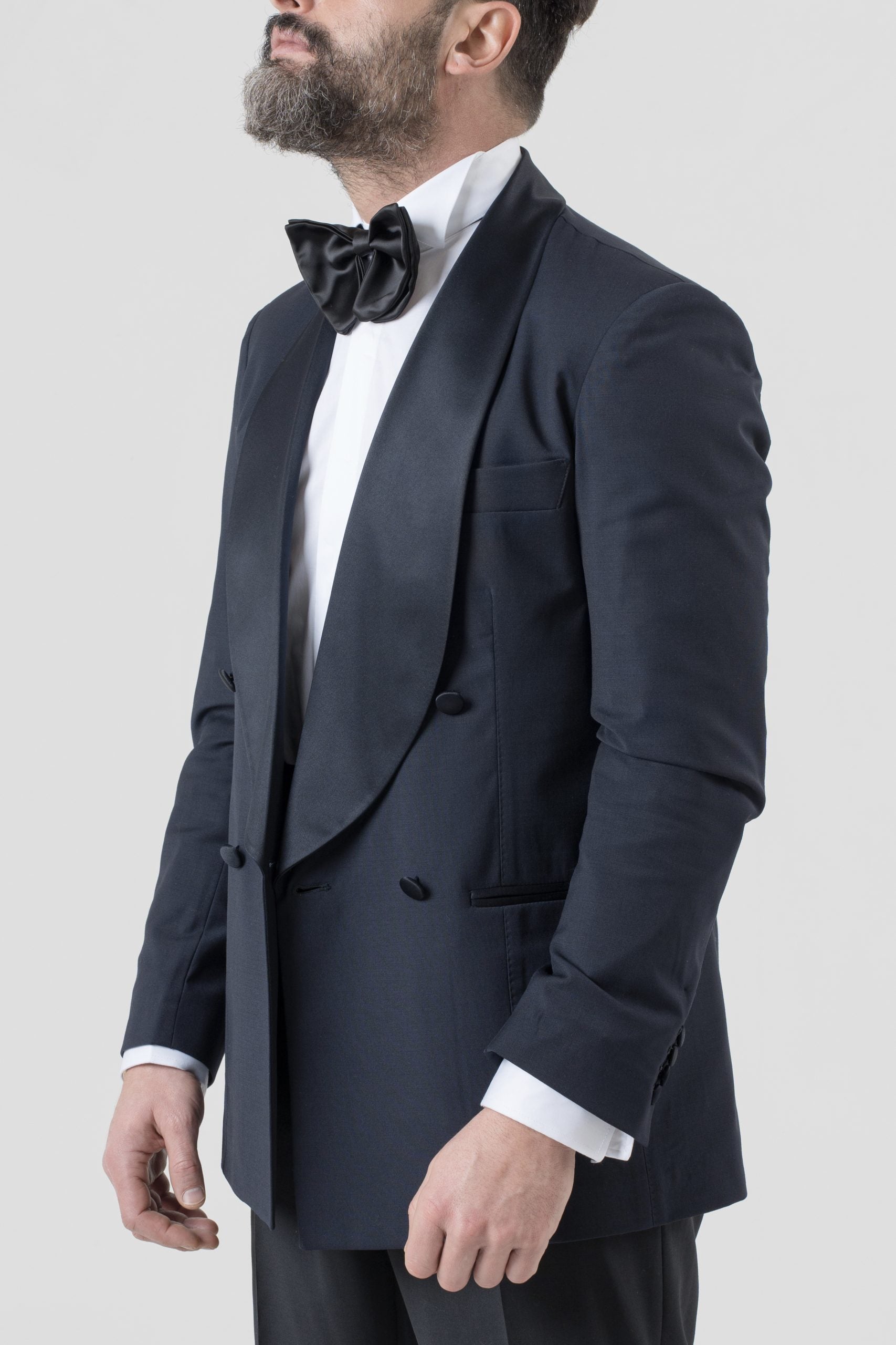 Giacca Smoking Doppiopetto con Rever a Scialle Blu