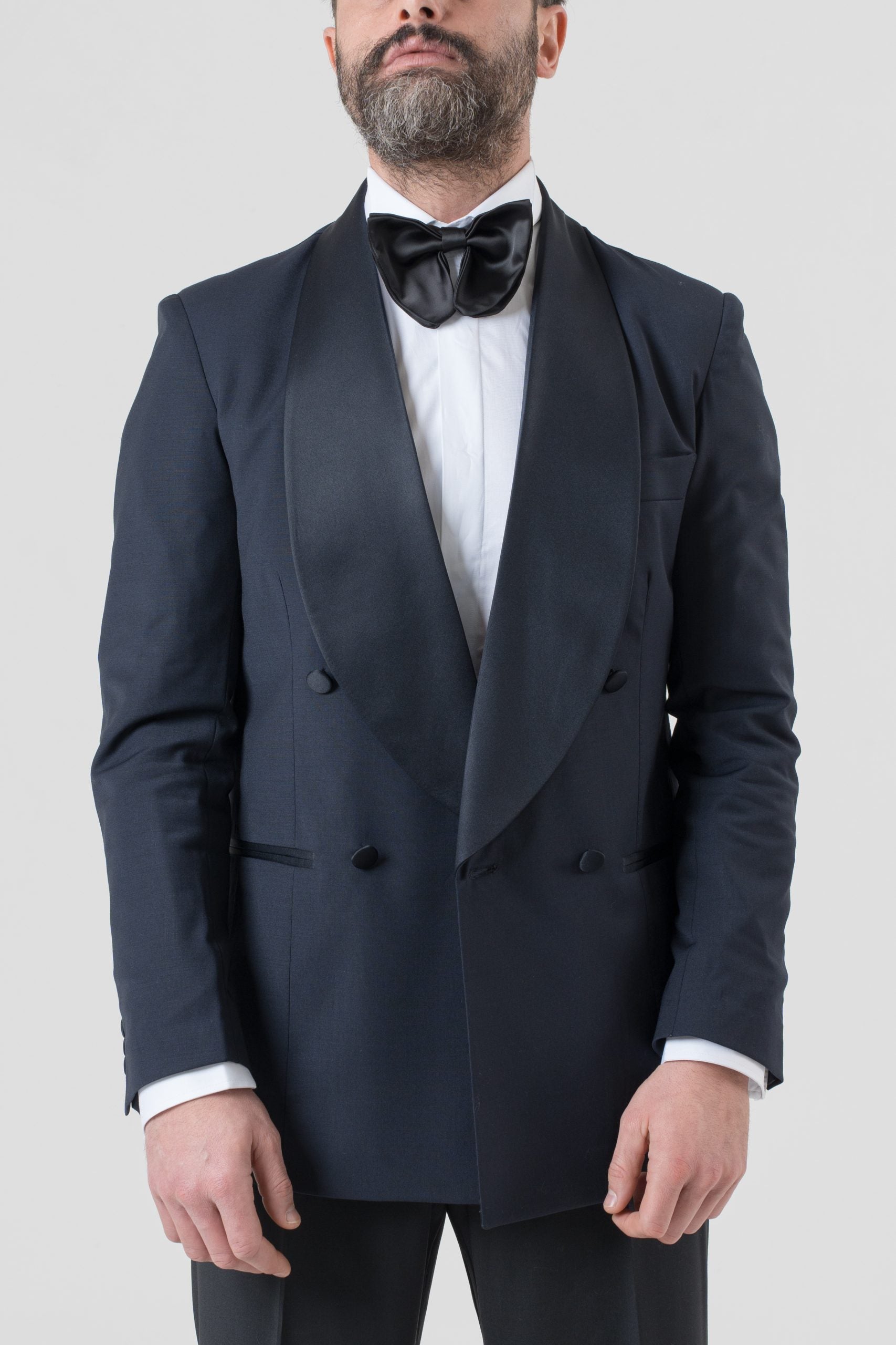 Giacca Smoking Doppiopetto con Rever a Scialle Blu