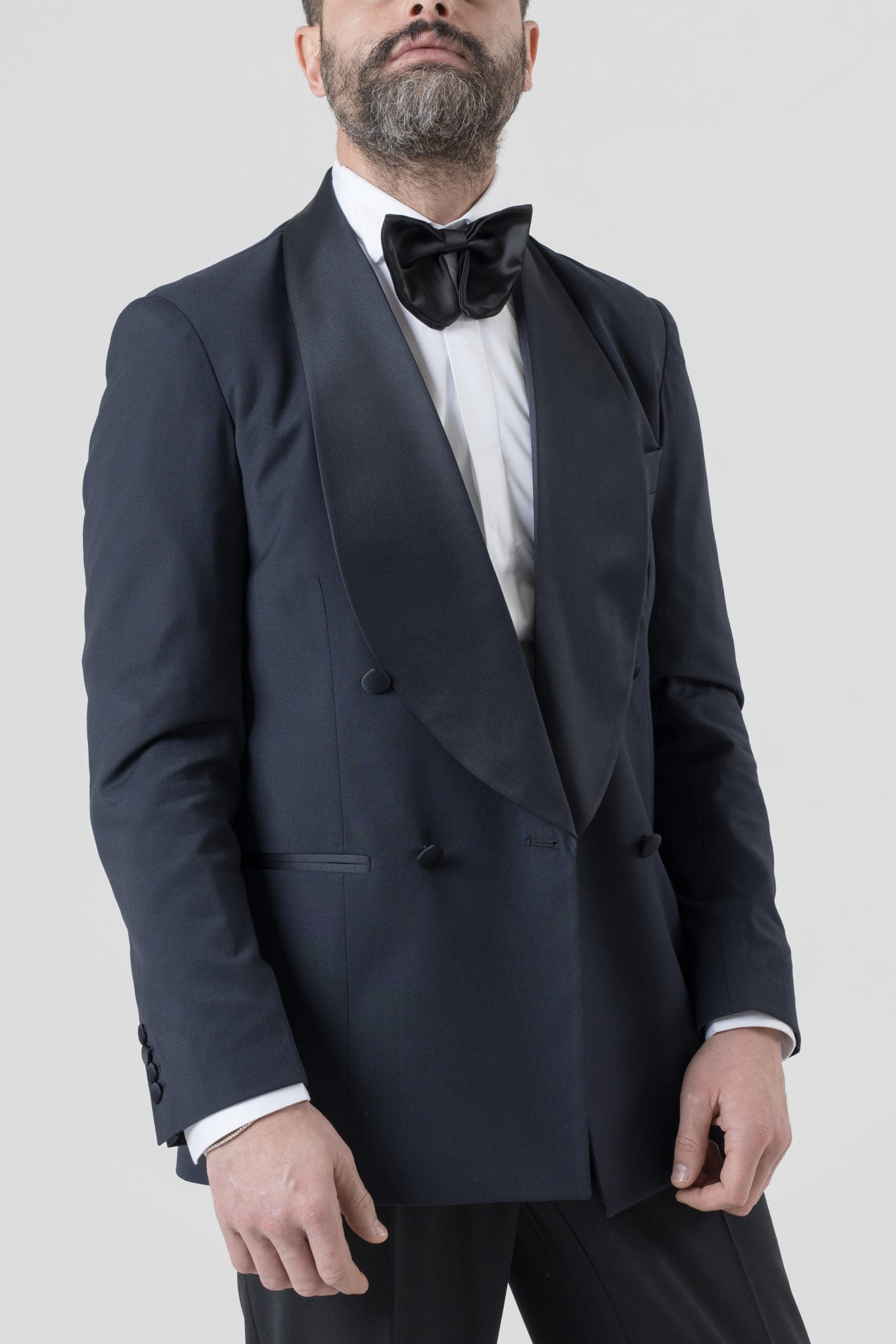 Giacca Smoking Doppiopetto con Rever a Scialle Blu