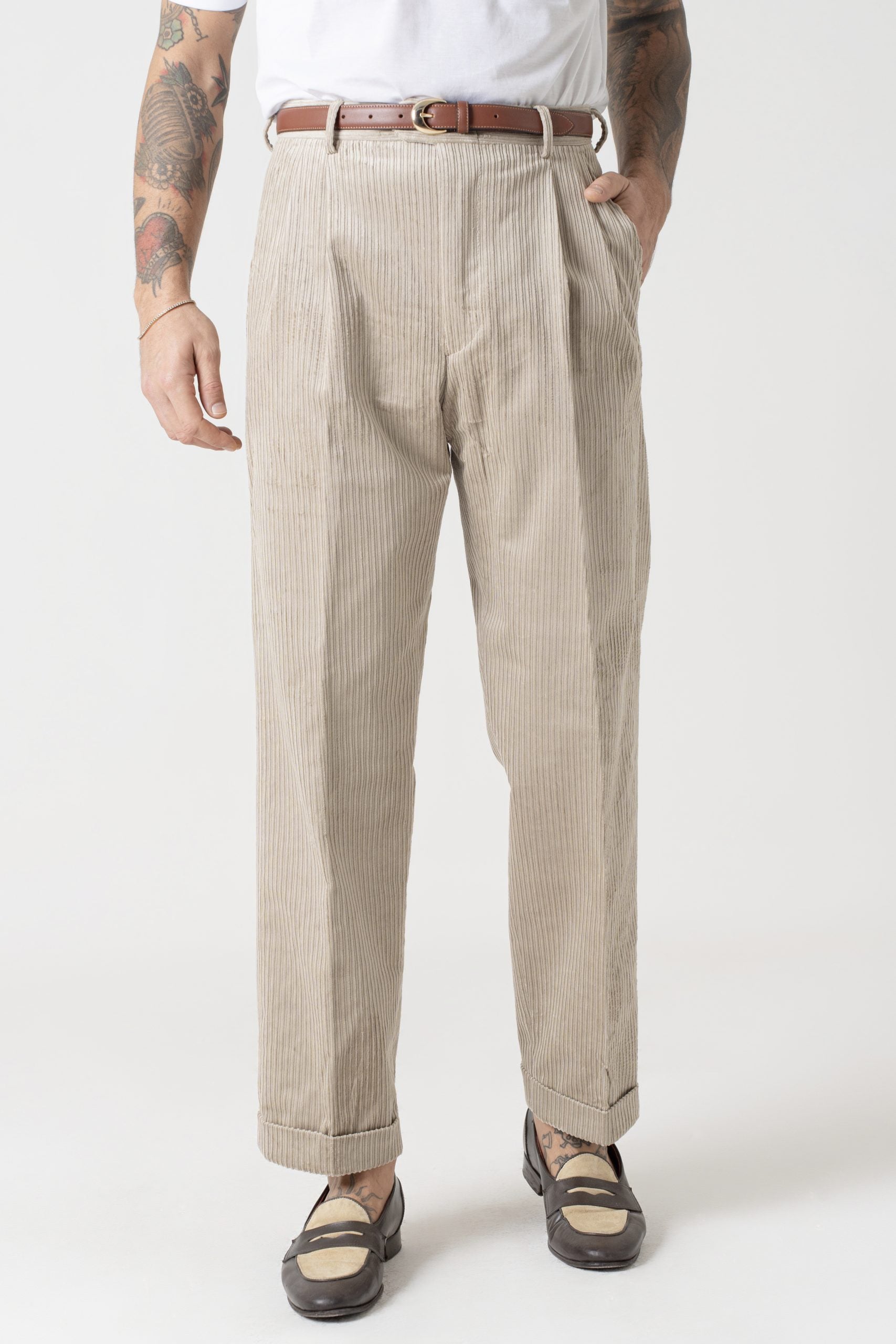 Pantalone in Velluto a Coste Fondo Ampio con Passanti Beige