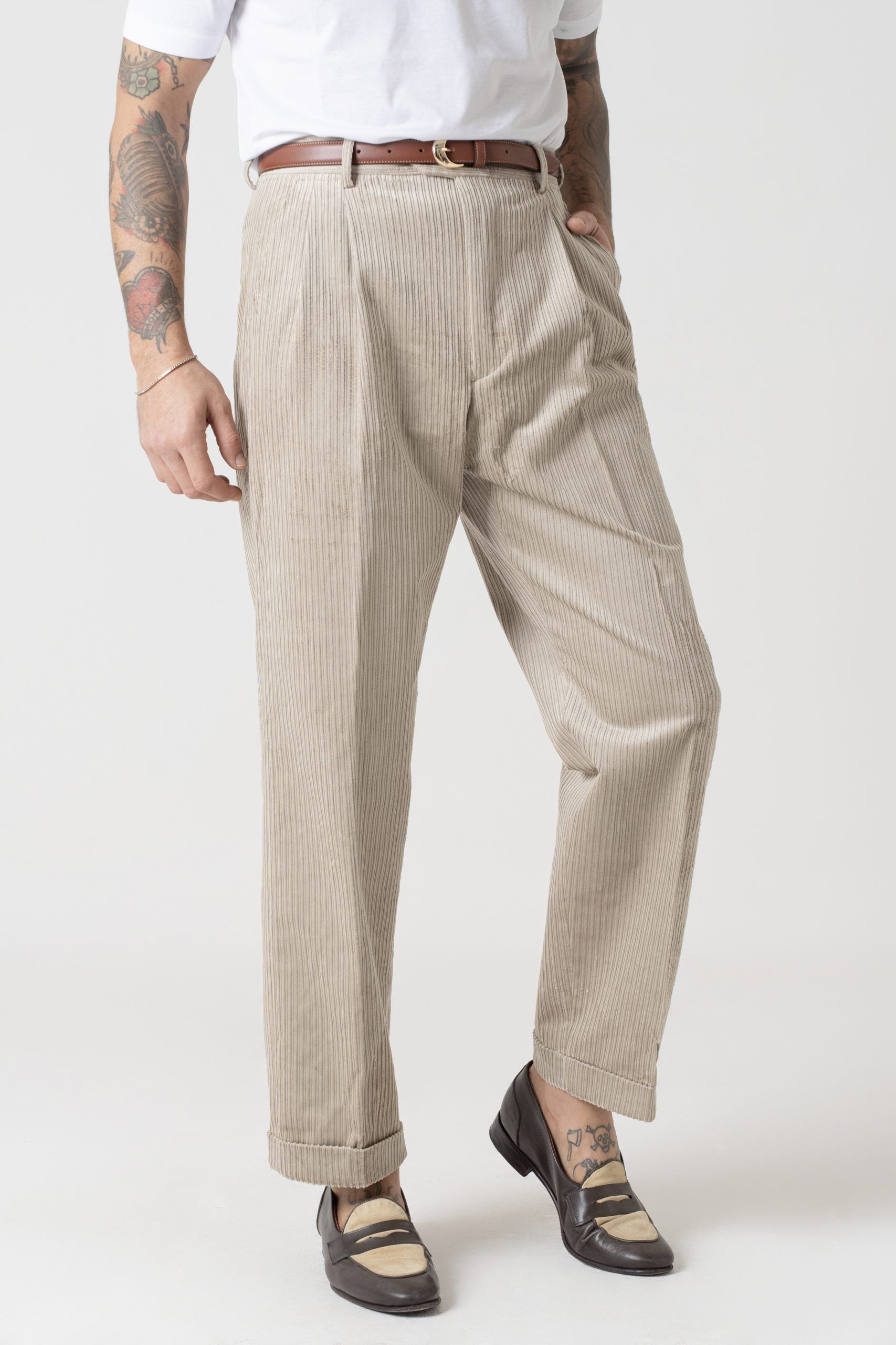 Pantalone in Velluto a Coste Fondo Ampio con Passanti Beige