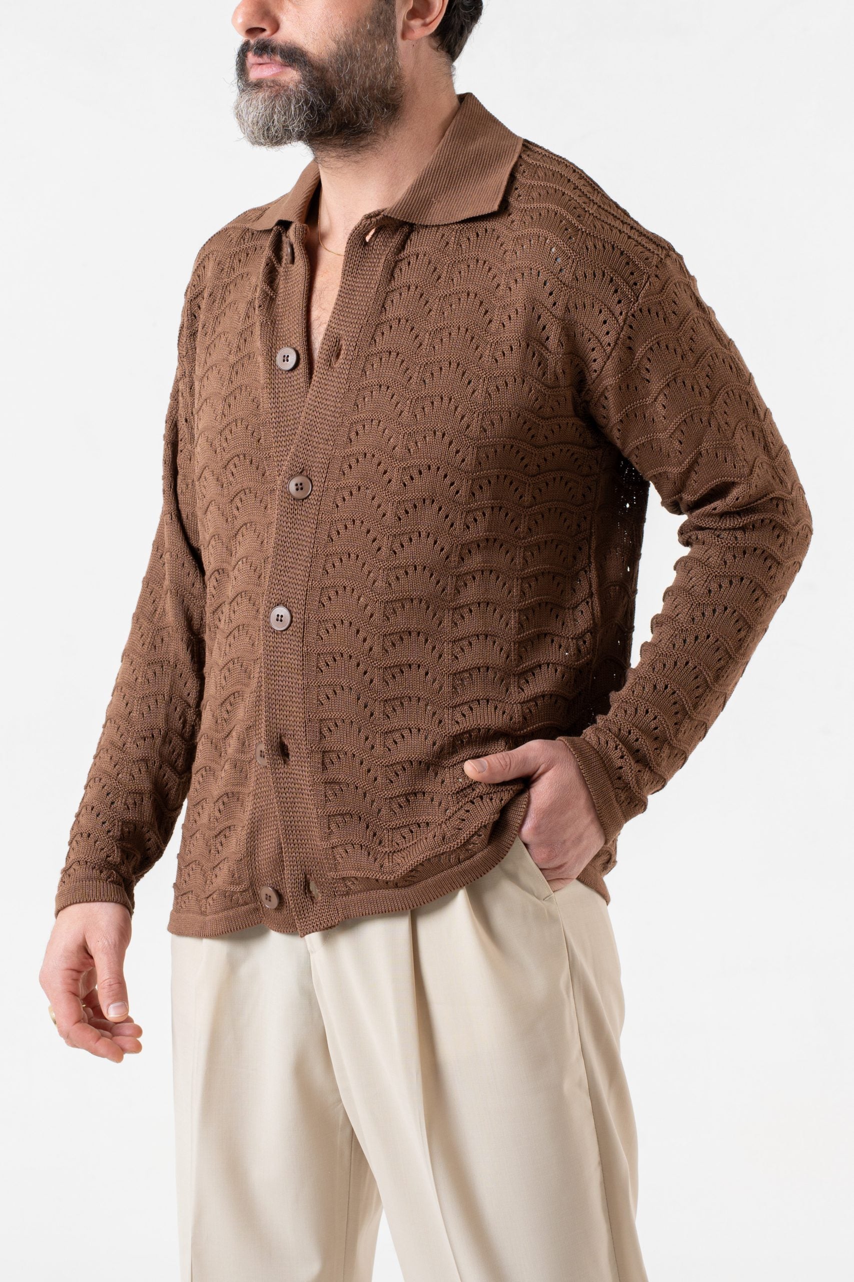 Cardigan Traforato con Collo Polo Cacao