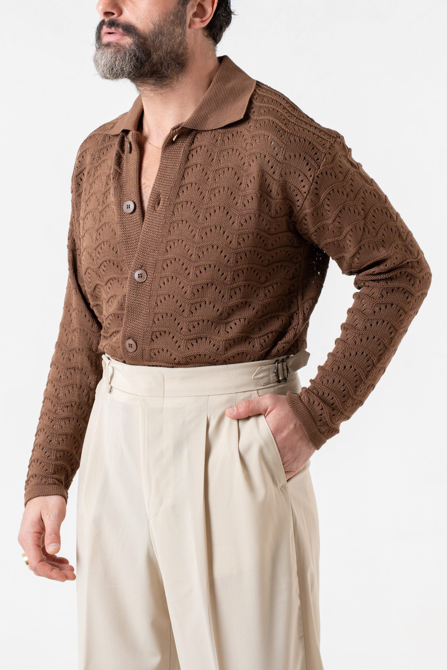 Cardigan Traforato con Collo Polo Cacao