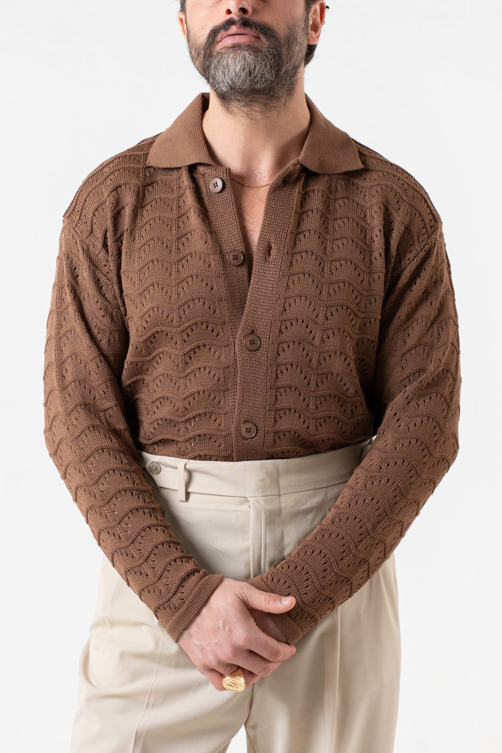 Cardigan Traforato con Collo Polo Cacao