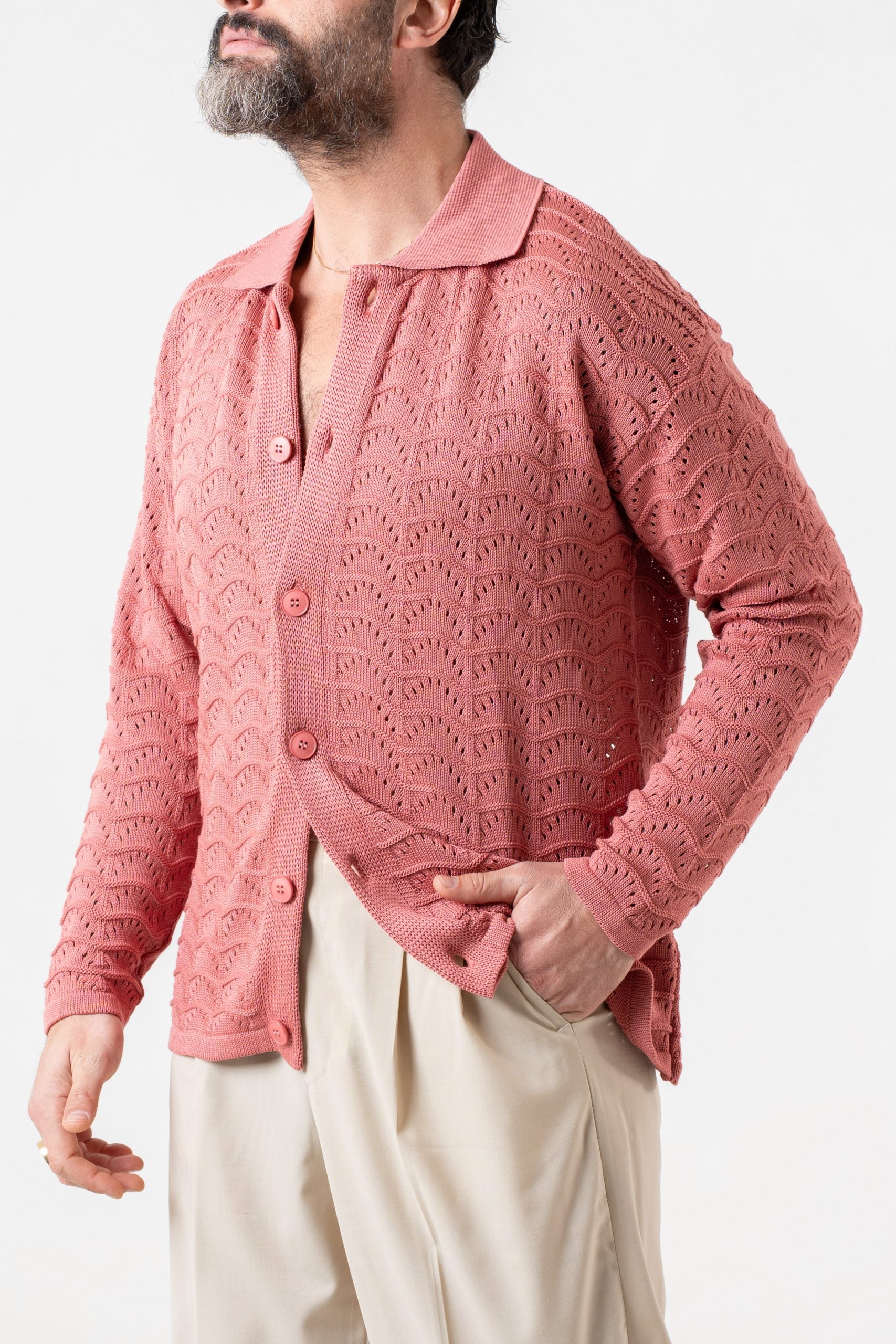 Cardigan Traforato con Collo Polo Pesca