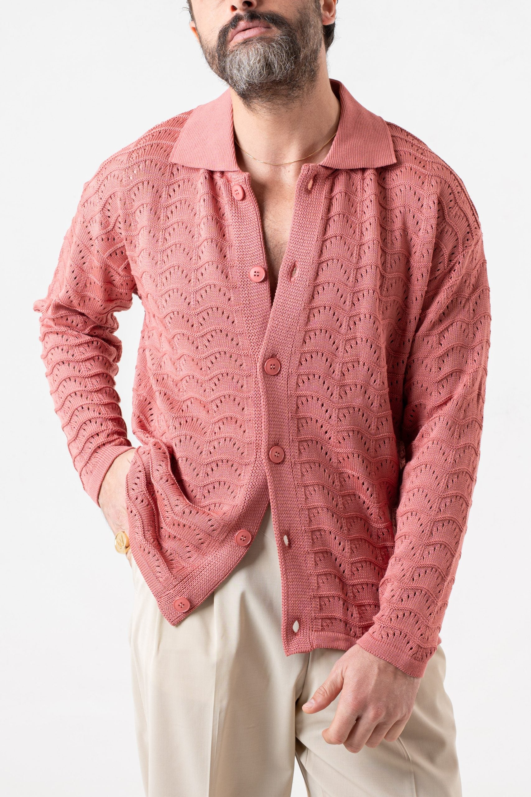 Cardigan Traforato con Collo Polo Pesca