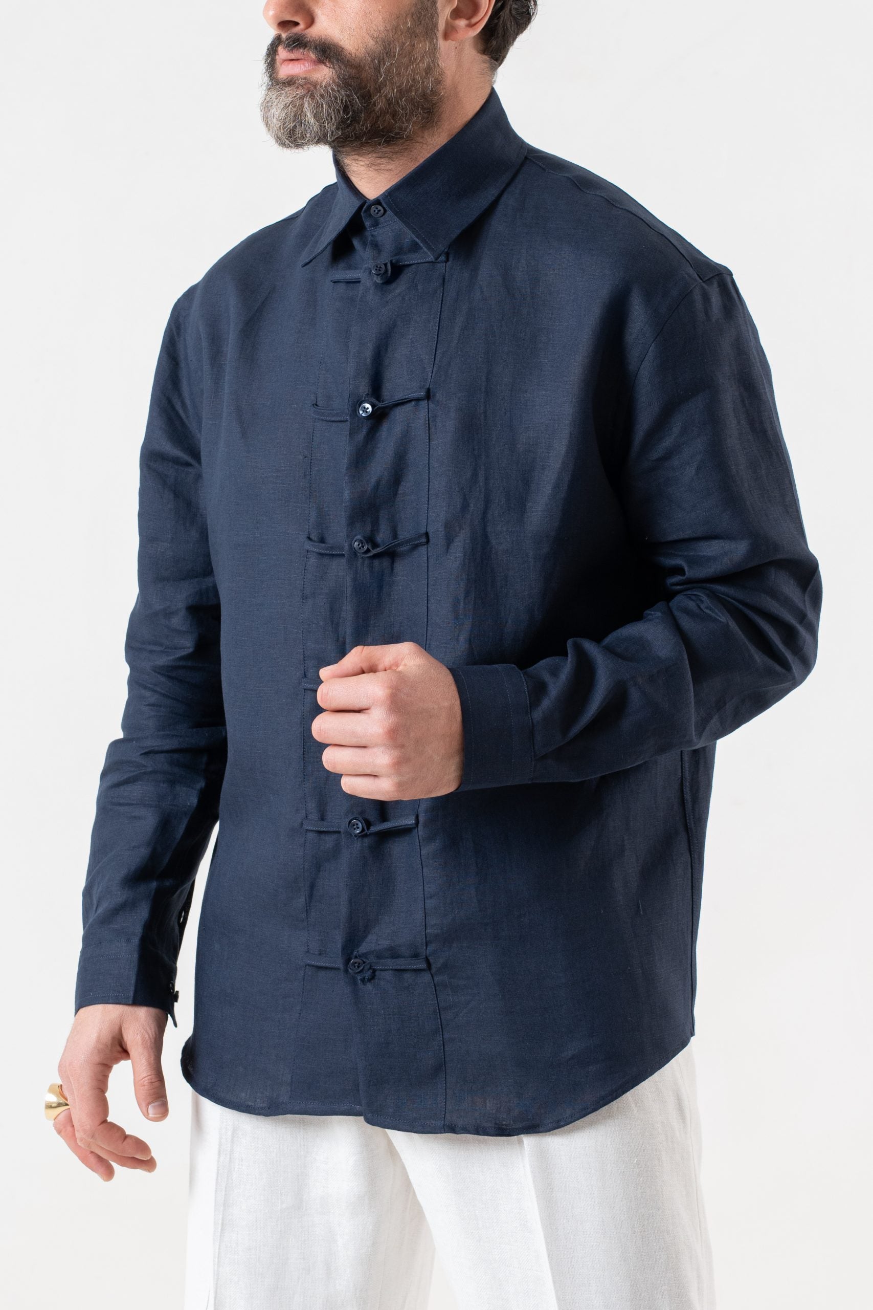 Camicia in Lino con Alamari in 100% Lino Blu