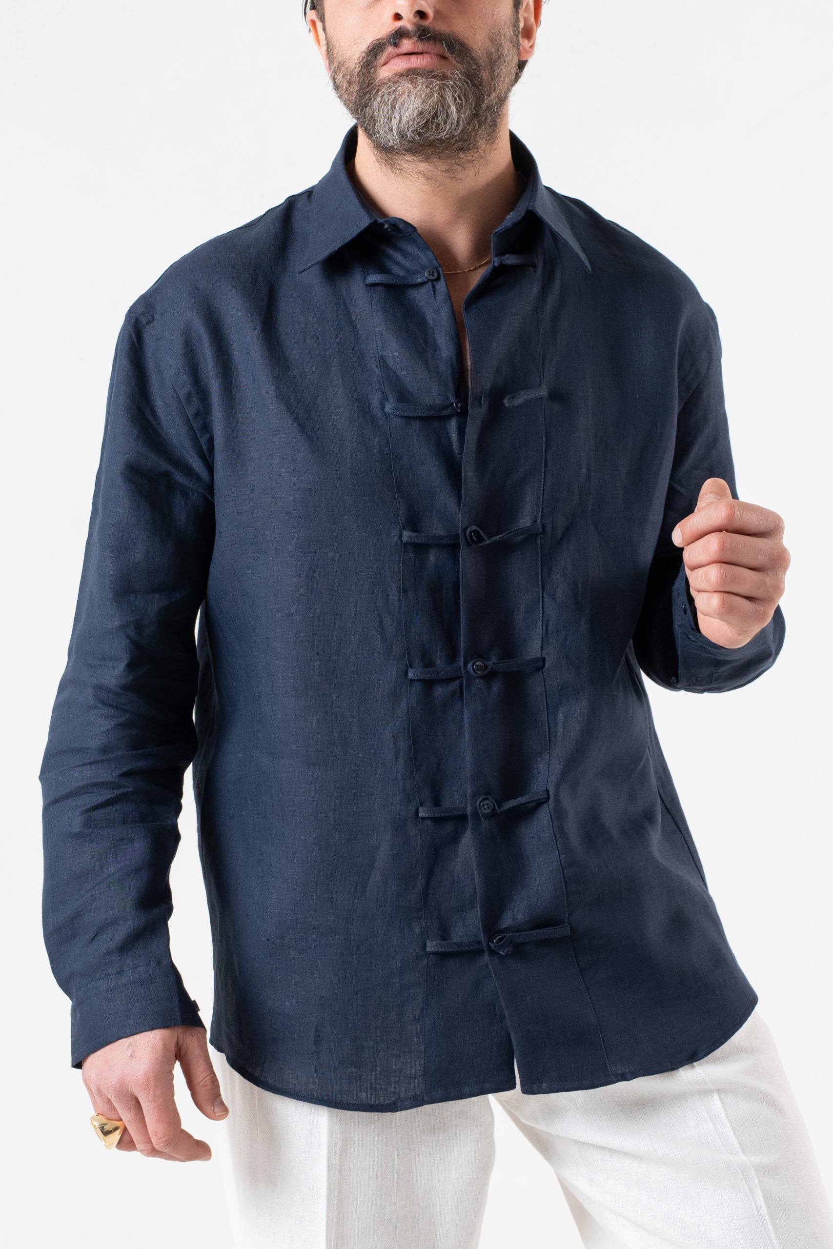 Camicia in Lino con Alamari in 100% Lino Blu