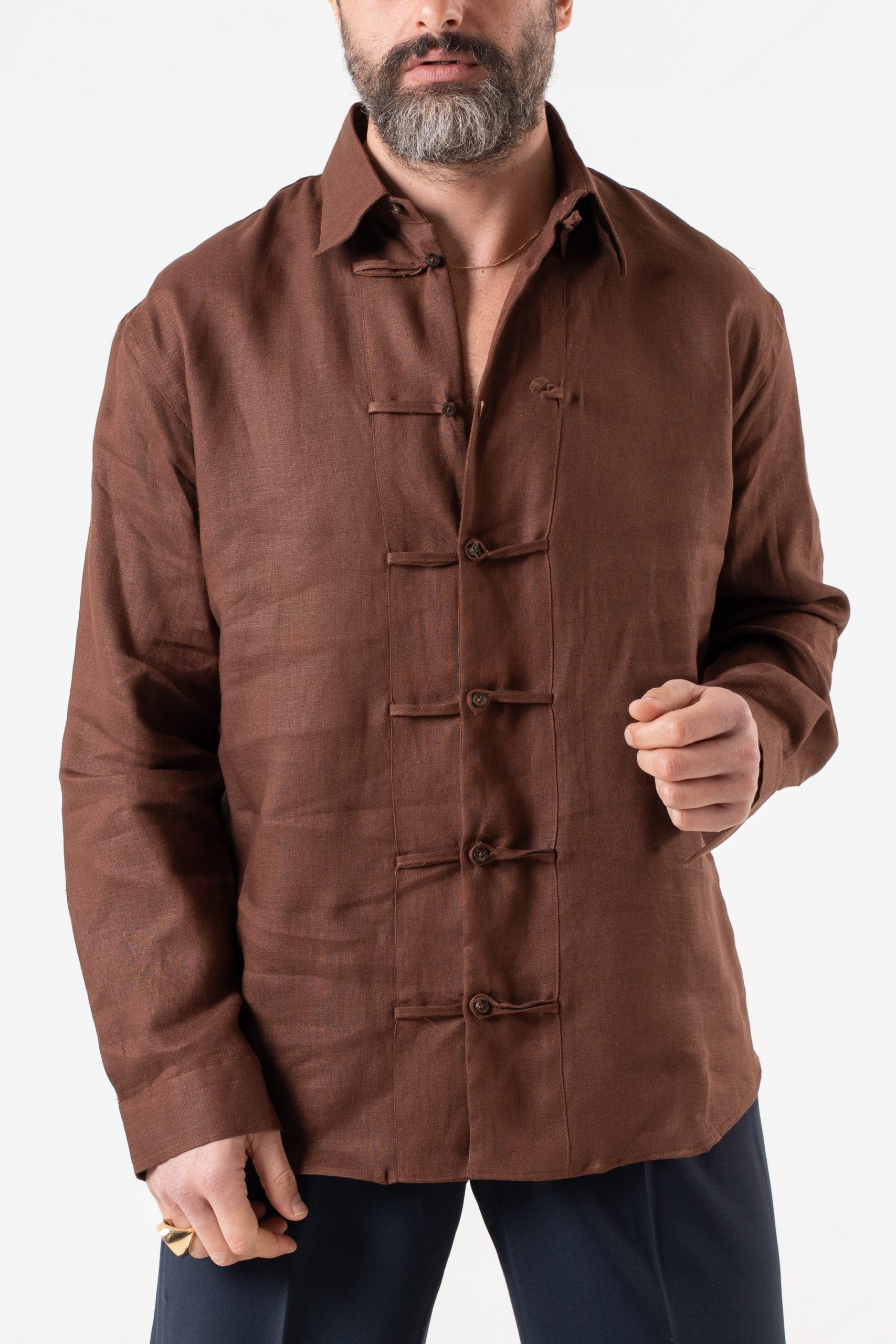 Camicia in Lino con Alamari in 100% Lino Moro