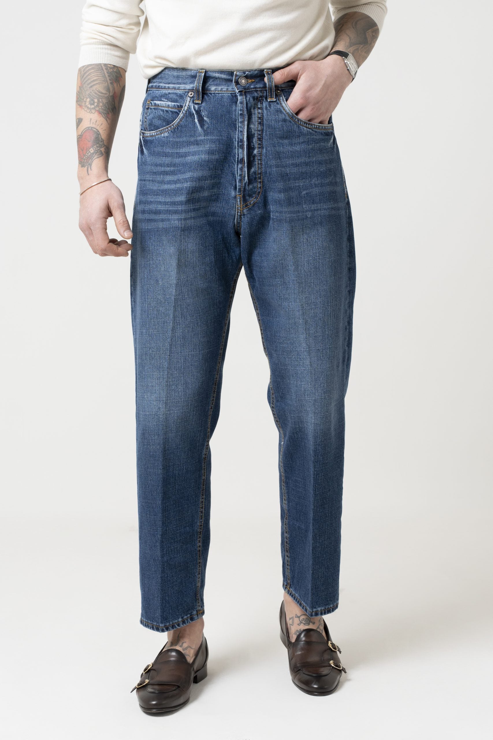 Jeans Vita Alta Fondo Ampio Doppio Stone Wash Effetto Used