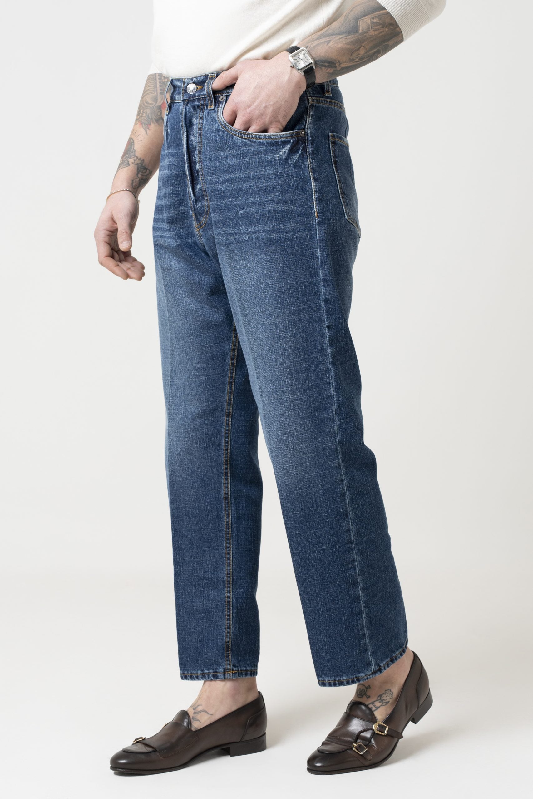 Jeans Vita Alta Fondo Ampio Doppio Stone Wash Effetto Used