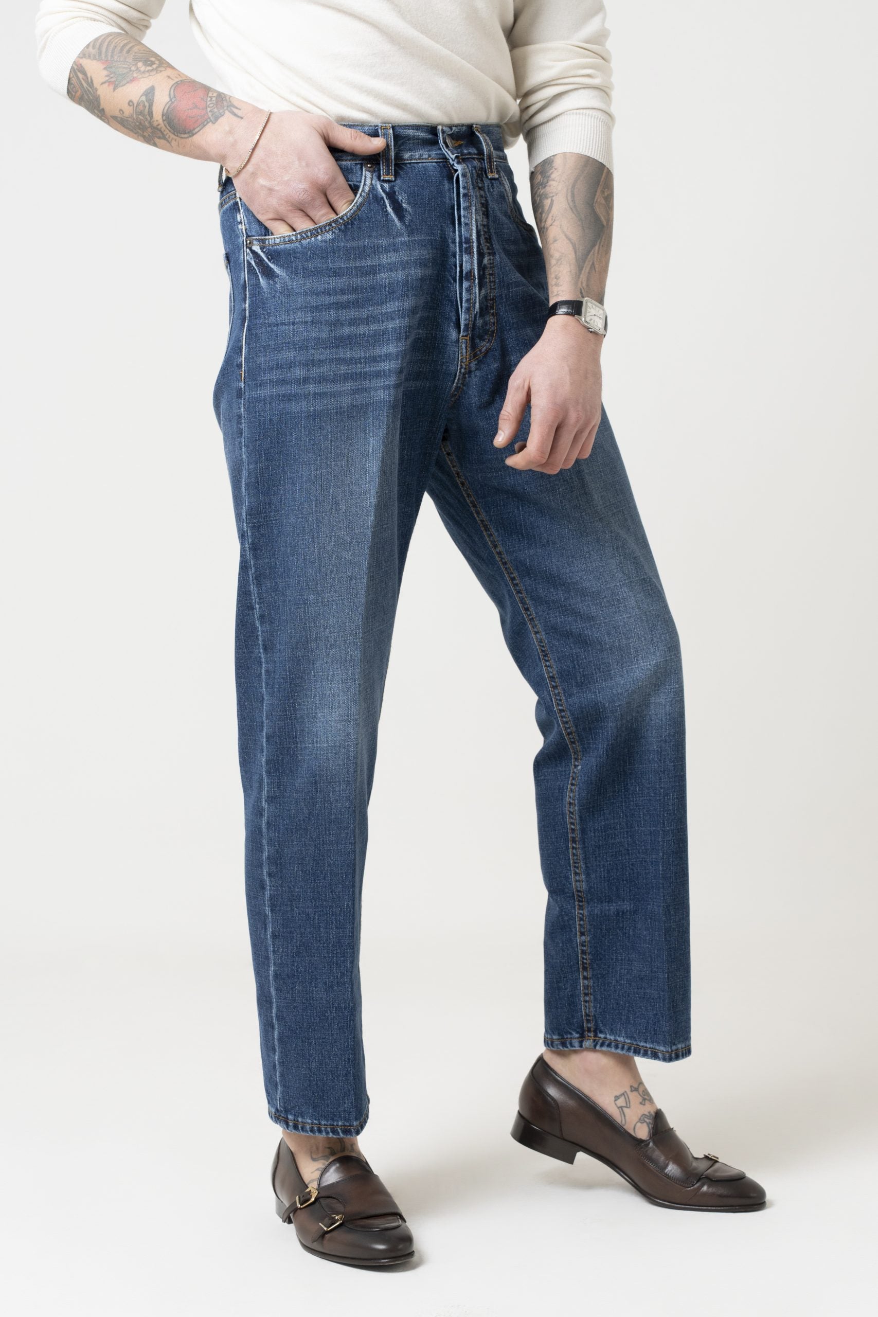 Jeans Vita Alta Fondo Ampio Doppio Stone Wash Effetto Used