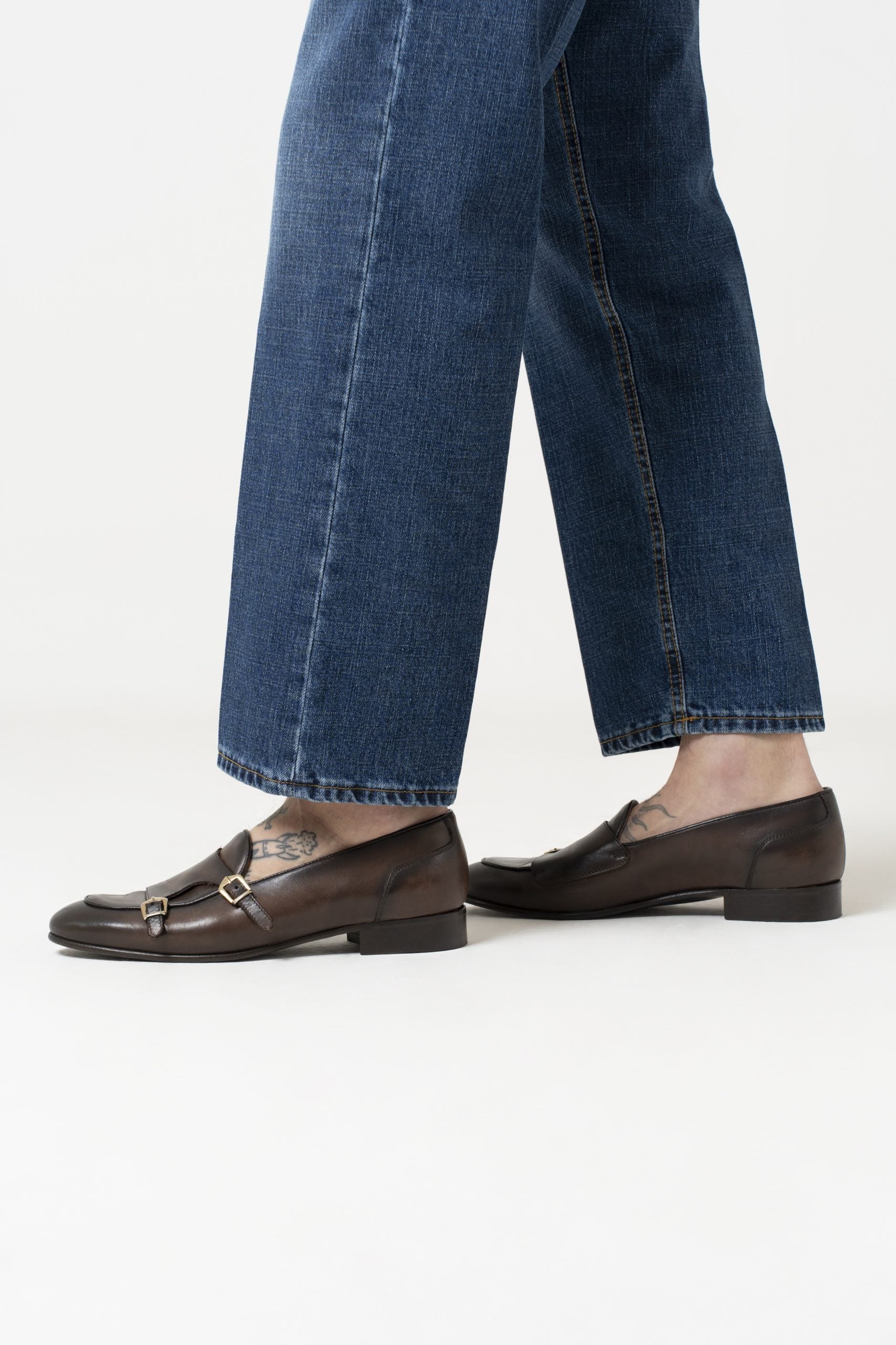 Jeans Vita Alta Fondo Ampio Doppio Stone Wash Effetto Used