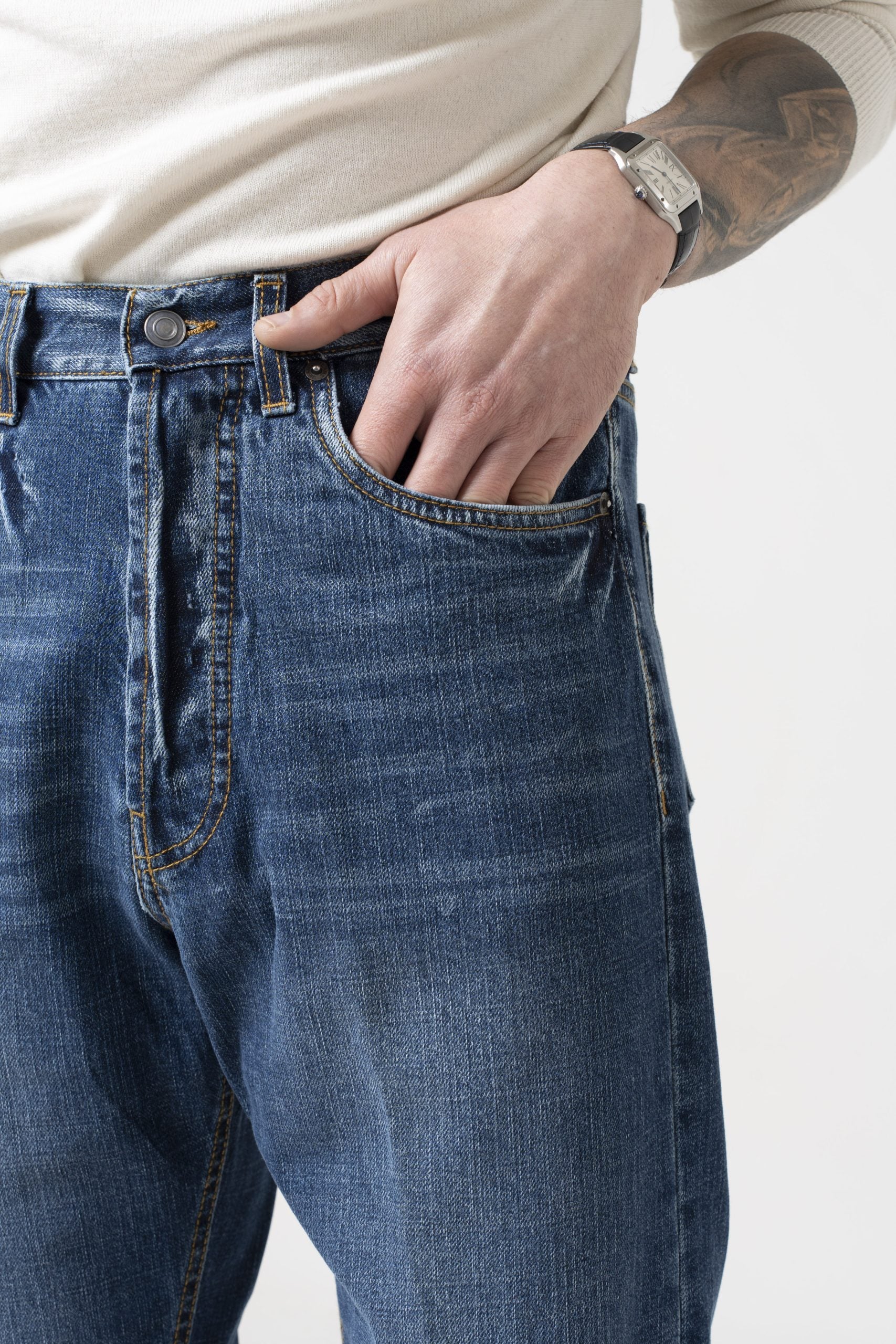 Jeans Vita Alta Fondo Ampio Doppio Stone Wash Effetto Used