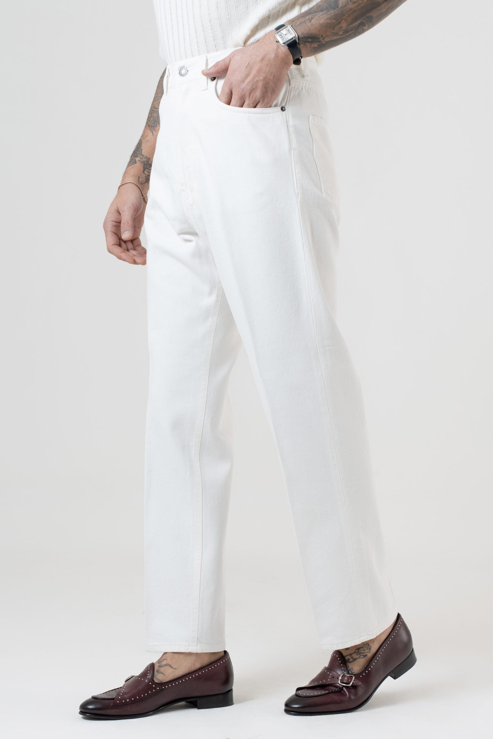 Jeans Vita Alta Fondo Ampio Bianco