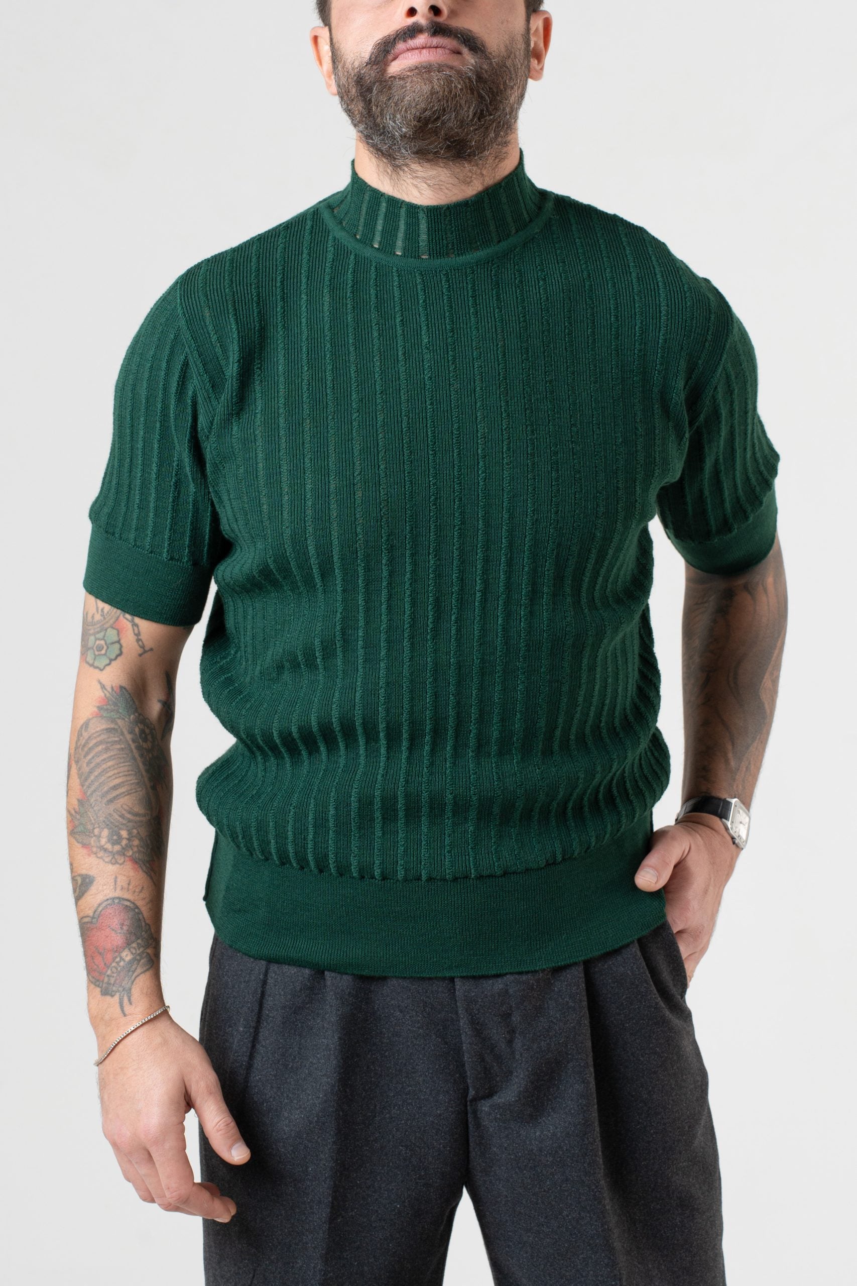 T-Shirt Mezzocollo a Costina Verde