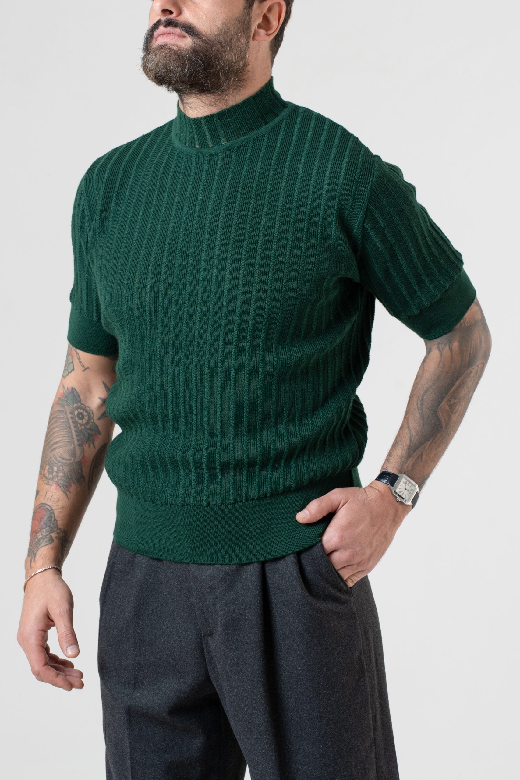 T-Shirt Mezzocollo a Costina Verde