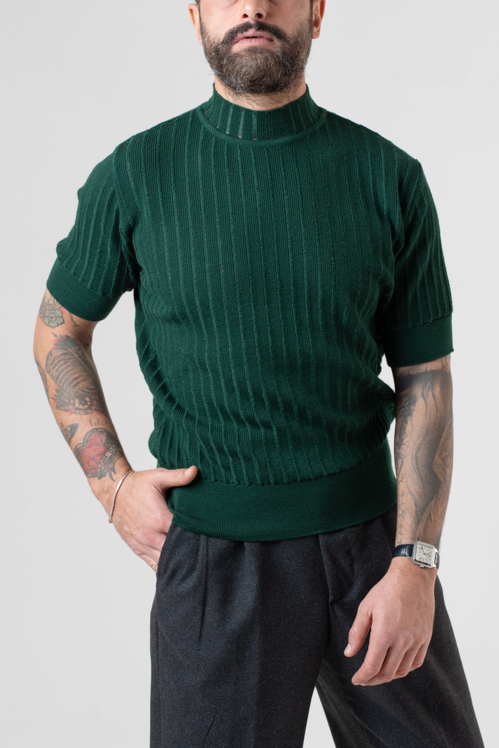 T-Shirt Mezzocollo a Costina Verde