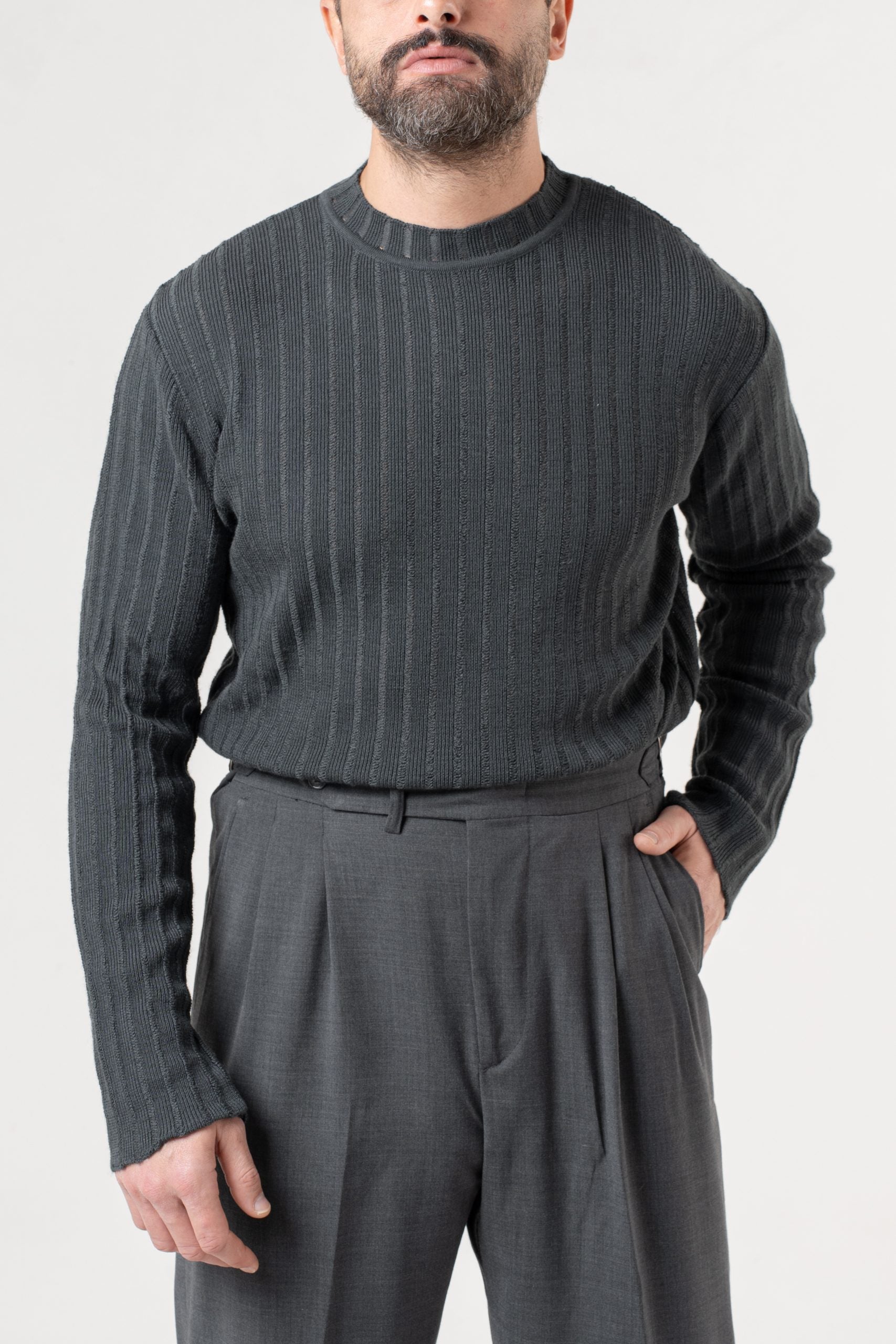 Shirt Manica Lunga Mezzocollo a Costina Grigio Scuro