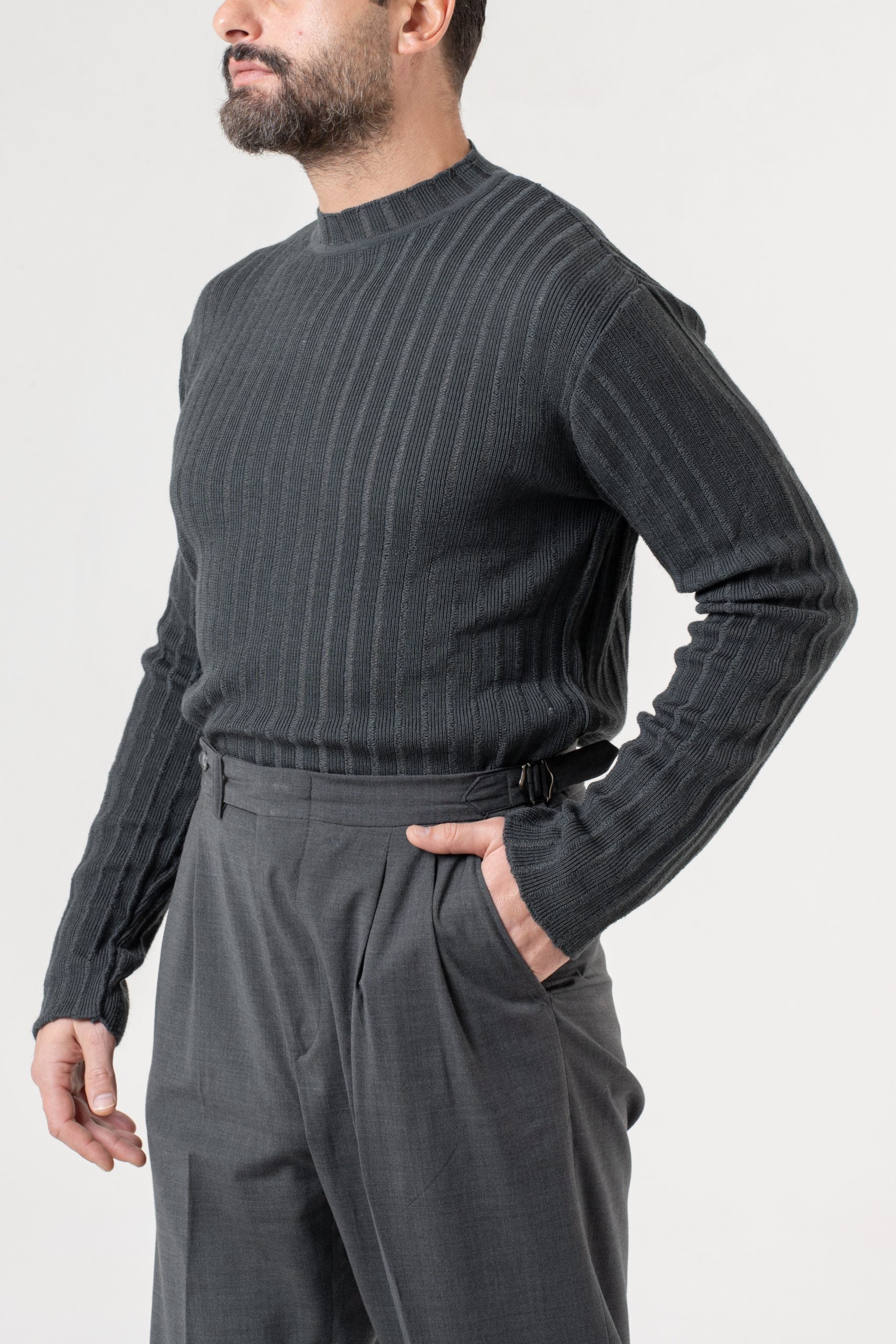 Shirt Manica Lunga Mezzocollo a Costina Grigio Scuro