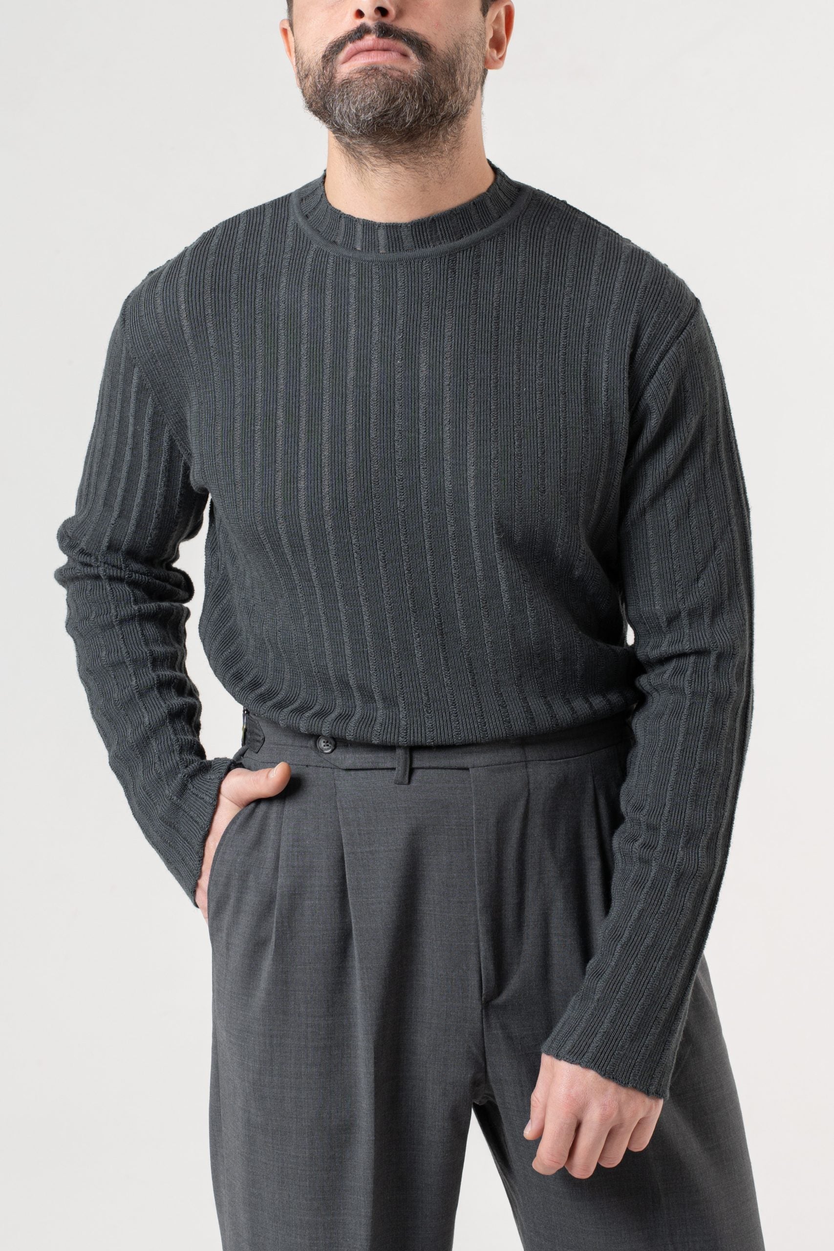 Shirt Manica Lunga Mezzocollo a Costina Grigio Scuro