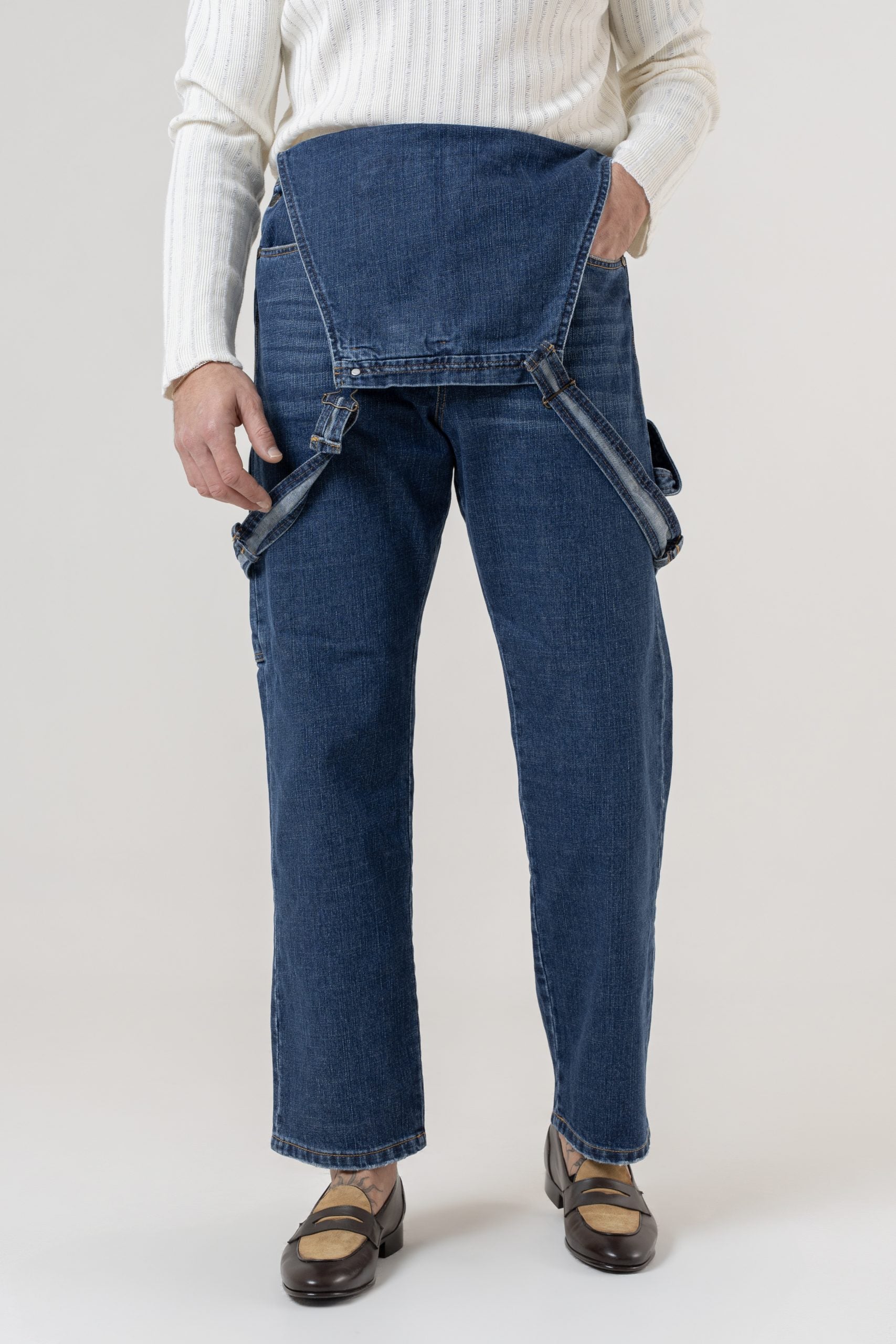 Salopette in Jeans Vita Alta e Fondo Ampio Lavaggio Scuro