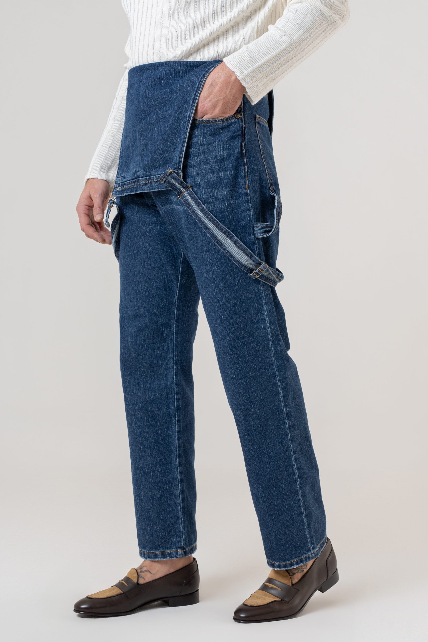 Salopette in Jeans Vita Alta e Fondo Ampio Lavaggio Scuro