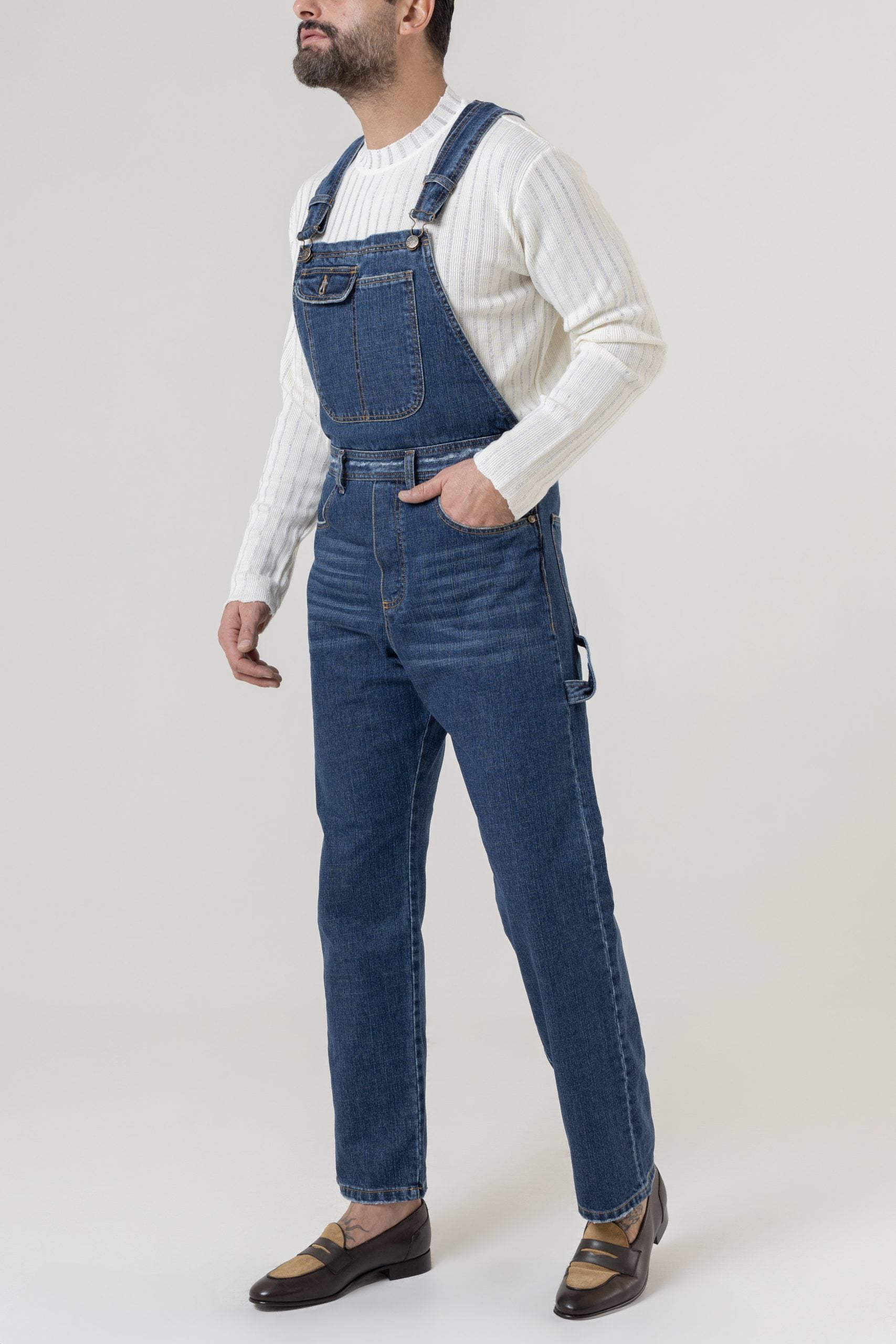 Salopette in Jeans Vita Alta e Fondo Ampio Lavaggio Scuro